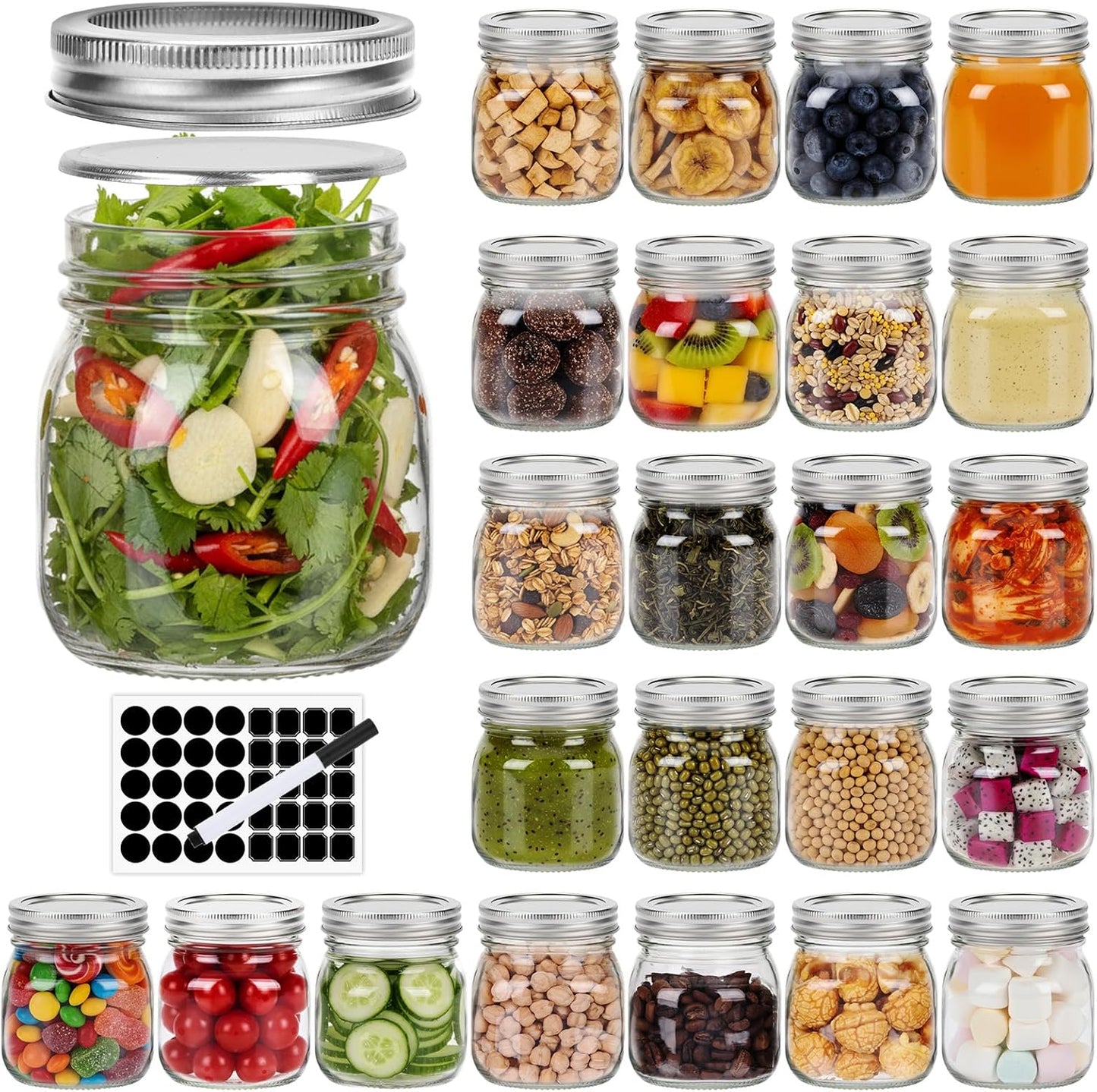 10 oz Glass Mason Jars, 24 Pack Clear Glass Jars with Regular Lids, Canning Jars for Honey, Yogurt, Wedding Favors, Food Storage, Vegetables, Includes 40 Black Labels