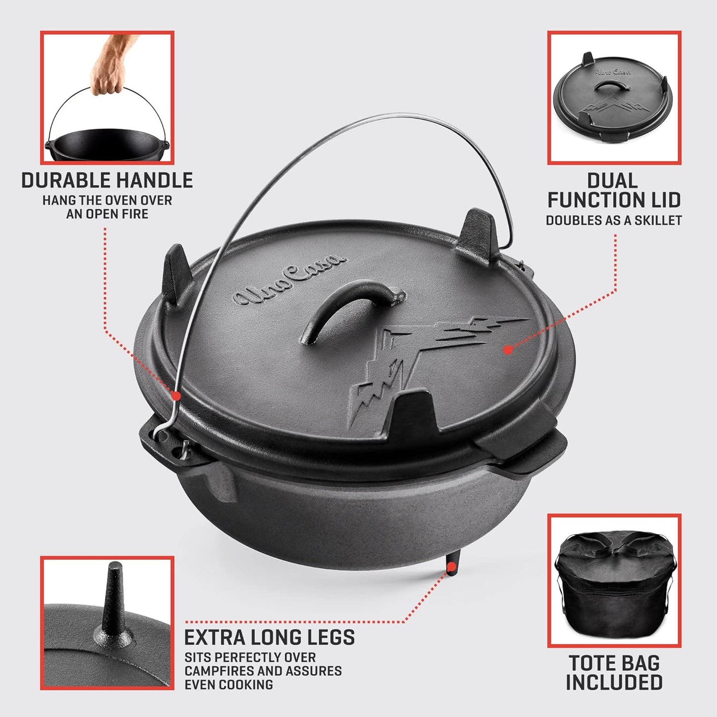 Uno Casa 6Qt Cast Iron Camping Dutch Oven with Lid Lifter and Storage Bag - Pre-Seasoned Outdoor Dutch Oven for Campfire Cooking, Stews, and Baking - Durable Cast Iron Pot for Camping and Hiking