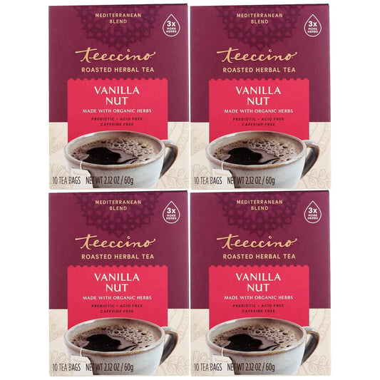 Teeccino Vanilla Nut Herbal Tea - Rich & Roasted Herbal Tea That’s Caffeine Free & Prebiotic for Natural Energy, 10 Tea Bags (Pack of 4)