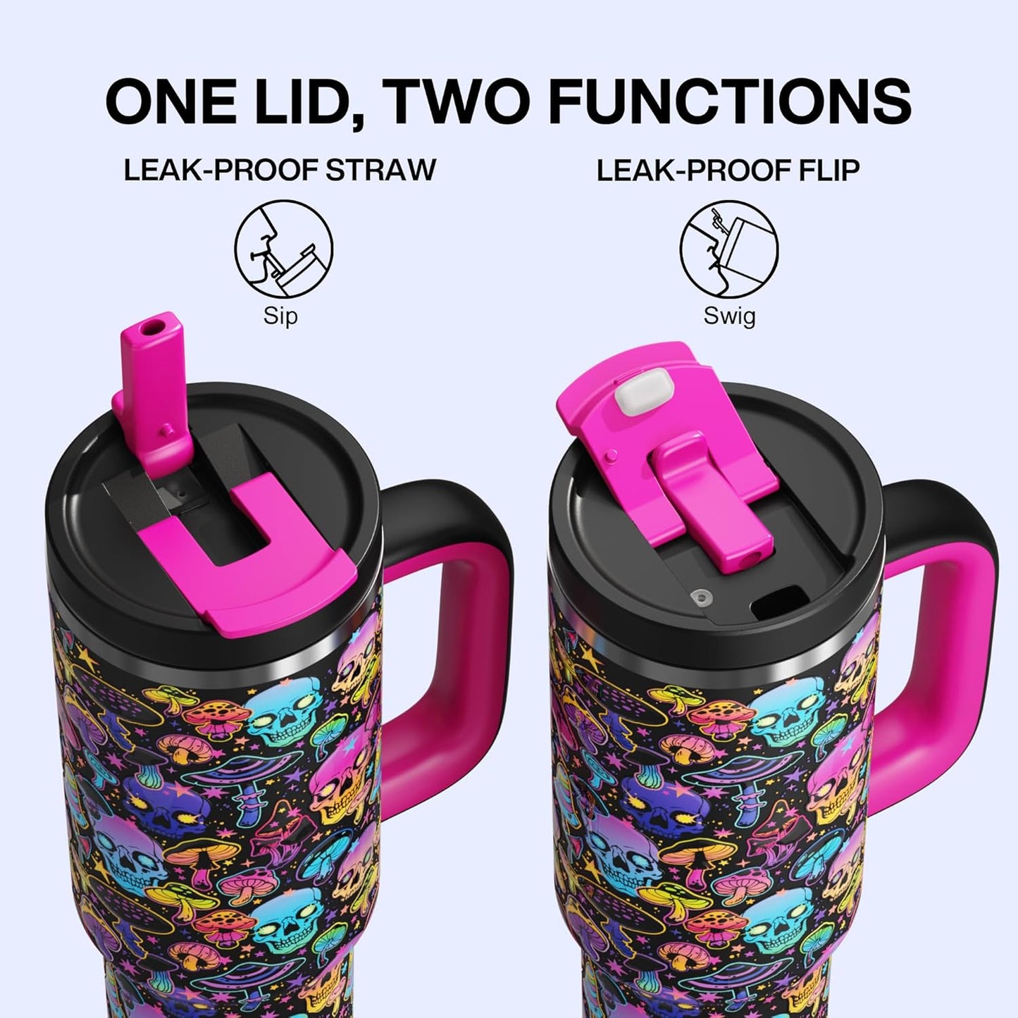 ENCOOL 40 oz Tumbler with Handle and Straw: Stainless Steel Insulated Tumbler Keeps Cold for 24 Hours, Leakproof Travel Cup Fits in Cup Holder and BPA-Free, Trippy Skulls