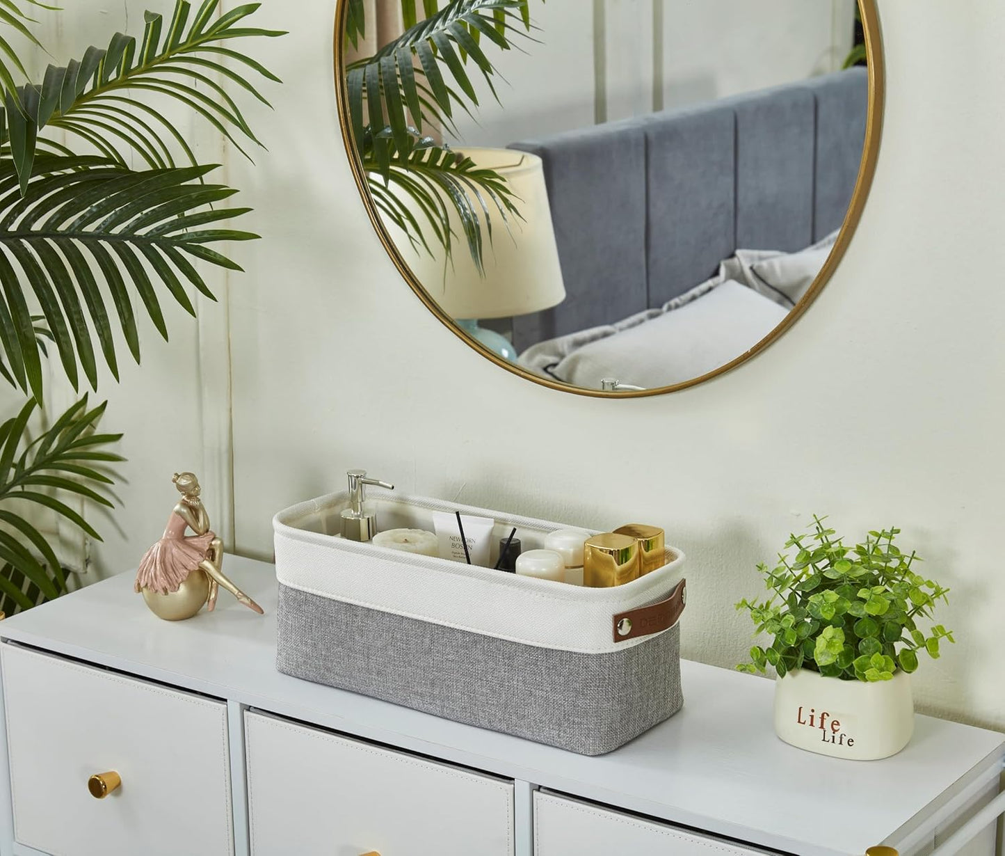 DECOMOMO Narrow Storage Bins Small Baskets for Organizing Bathroom, Toilet Tank, Towel Storage, Entryway, Gifts (Grey and White - Set of 4)