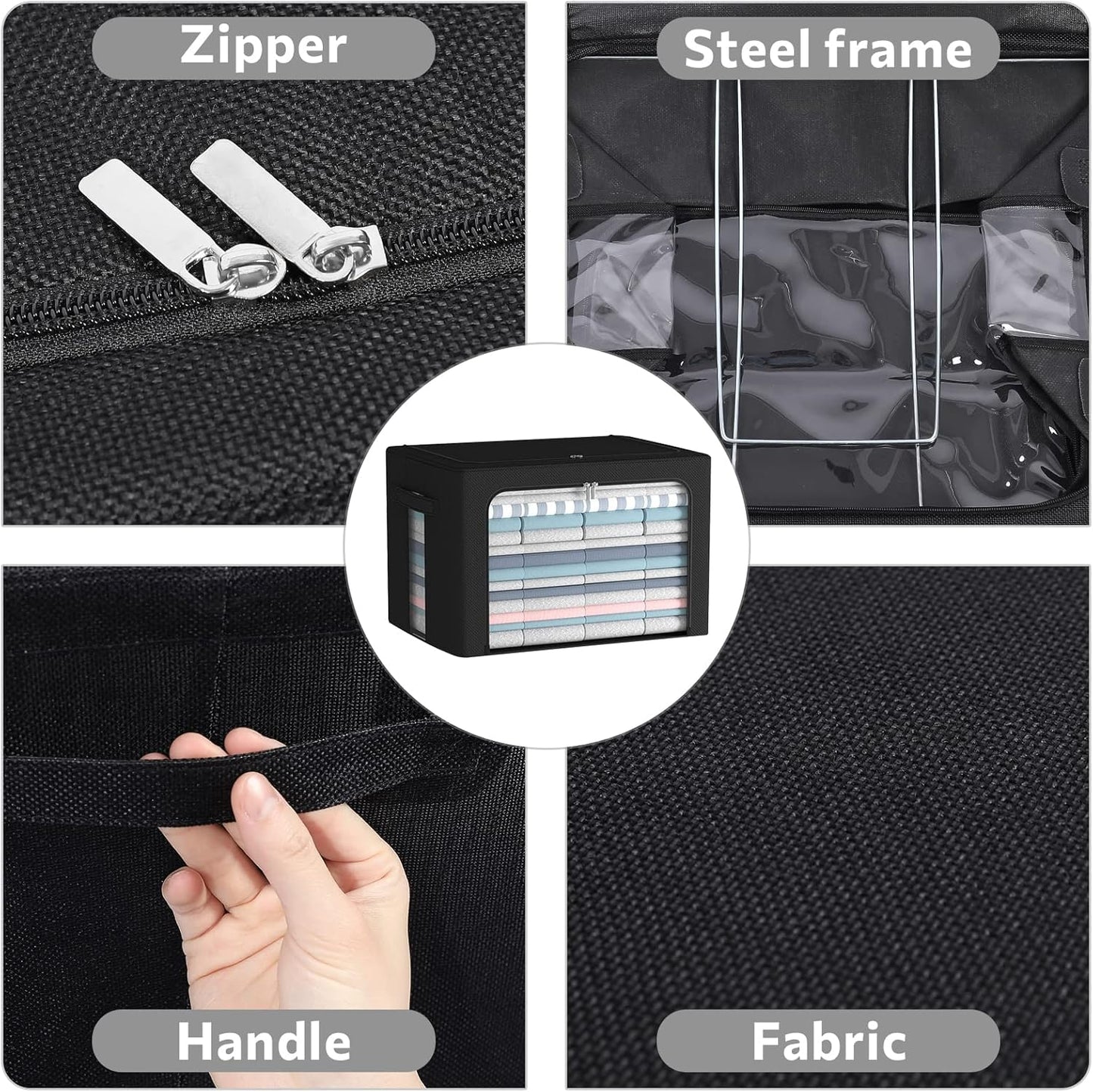 FHSQX 2 Pack Clothes Storage Bins Foldable Metal Frame Storage Box Linen Fabric Organizer Set with Carrying Handles and Clear Window (Black, 15.7x 11.8x 7.8Inch)