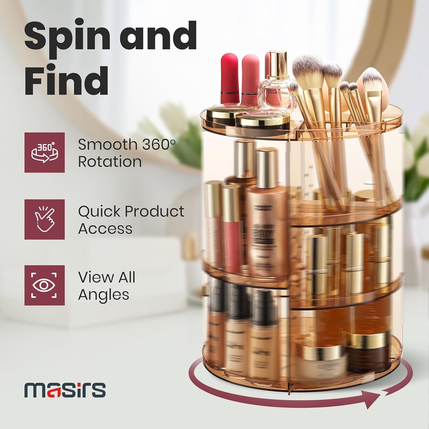 Masirs 360 Rotating Makeup Organizer - Adjustable Shelf Height and Fully Rotatable - The Perfect Round Spinning Cosmetic Organizer for Bedroom Dresser or Vanity Countertop Storage (Brown)