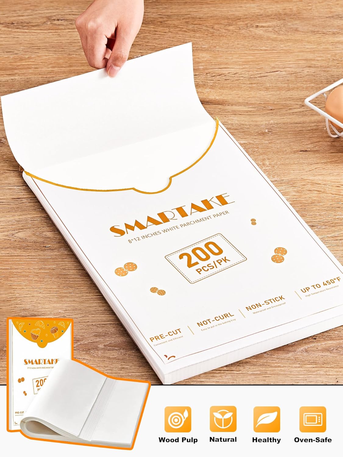 SMARTAKE 200 Pcs Parchment Paper Baking Sheets, 8x12 Inch Non-Stick Precut Baking Parchment, Suitable for Baking Grilling Air Fryer Steaming Bread Cup Cake Cookie and More (White)