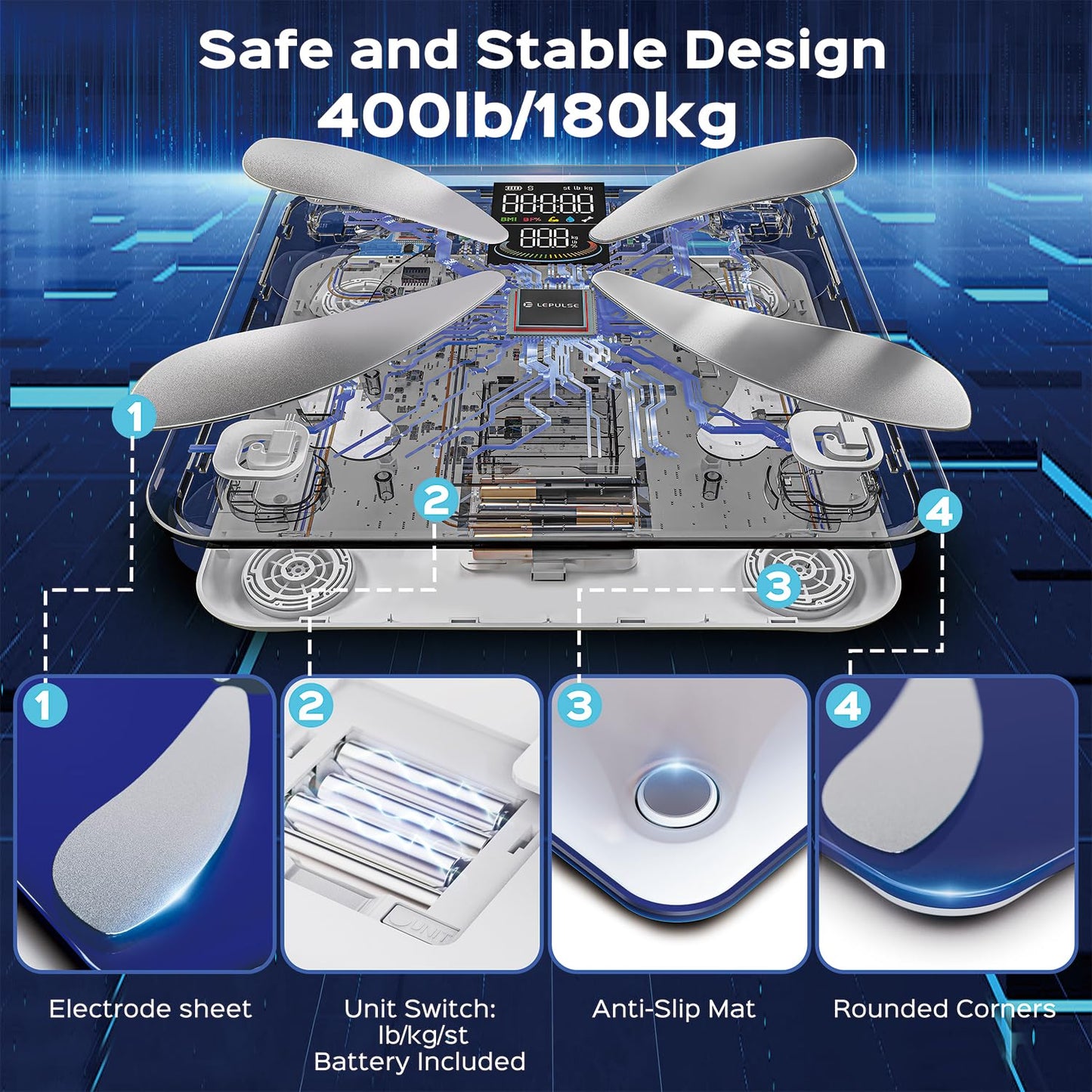 Smart Weight Scale with BMI Body Fat Muscle Mass, Lepulse Updated X-Shaped Electrode Scale for Body Weight and Fat Percentage, 13 Body Composition Scale Large Display, Digital Bathroom Scale with App