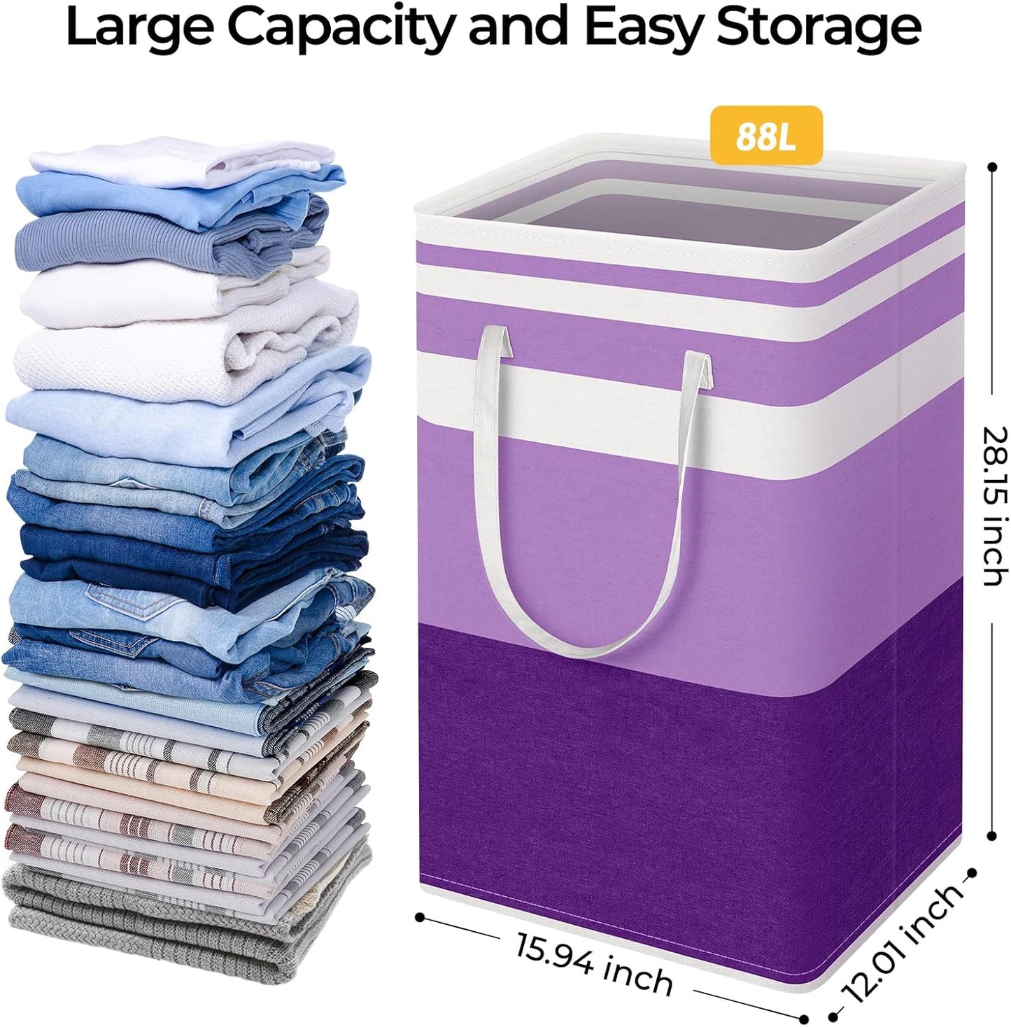 HomeHacks 2 Pack Large Laundry Baskets, Waterproof, Freestanding Laundry Hampers, Collapsible Clothes Hamper with Reinforced Handles in Laundry, College Dorm, Bathroom, Bedroom (Purple, 88Lx2)