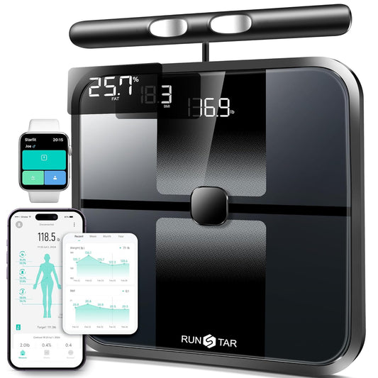 RunStar Scale for Body Weight and Fat, Full-Body Bathroom Scale with 8 Electrodes for BMI, Muscle Mass, High-Accuracy Body Composition Monitor with 28 Metrics & App Connectivity, 3-Metric Display