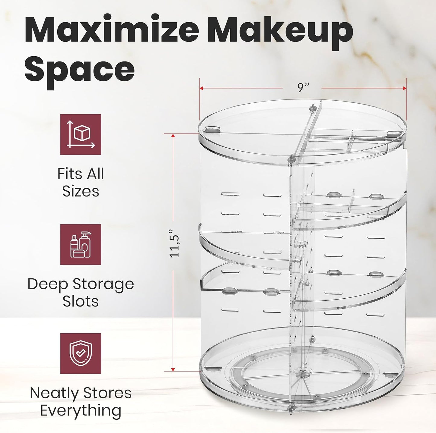 Masirs 360 Rotating Makeup Organizer Countertop - Adjustable Shelf Height - The Perfect Round Spinning Cosmetic Organizer for Bedroom Dresser or Vanity Countertop Storage (Clear)
