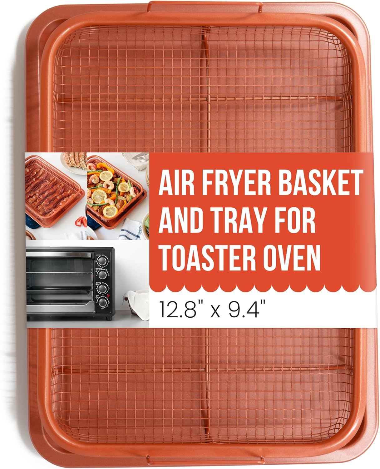 Chef Pomodoro Air Fryer Tray for Oven, Copper Crisper Tray, Air Fryer Pans for Toaster Oven, Air Fryer Basket and Tray 2-Piece Set, Air Fryer Baking Pan, Air Fryer basket for Oven (Rectangle)