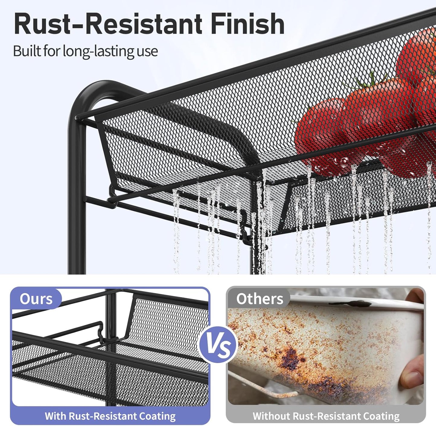 TOOLF 3-Tier Metal Rolling Cart, Mesh Wire Easy Assemble Utility Cart, Storage Trolley on Wheels with 3 Hooks, MetalStorage Shelving Units for Kitchen Bathroom Laundry Room