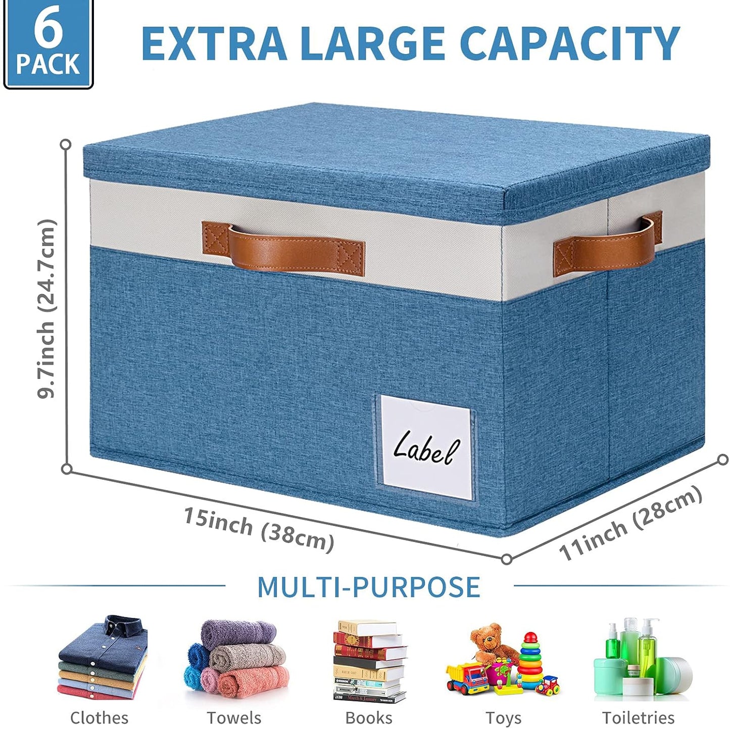 GhvyenntteS Fabric Storage Bins with Lid 6 Pack, Large Decorative Storage Boxes with Lids and Handles, Foldable Fabric Storage Baskets with Lid and Label for Home Office (Blue, 15" x 11" x 9.7")