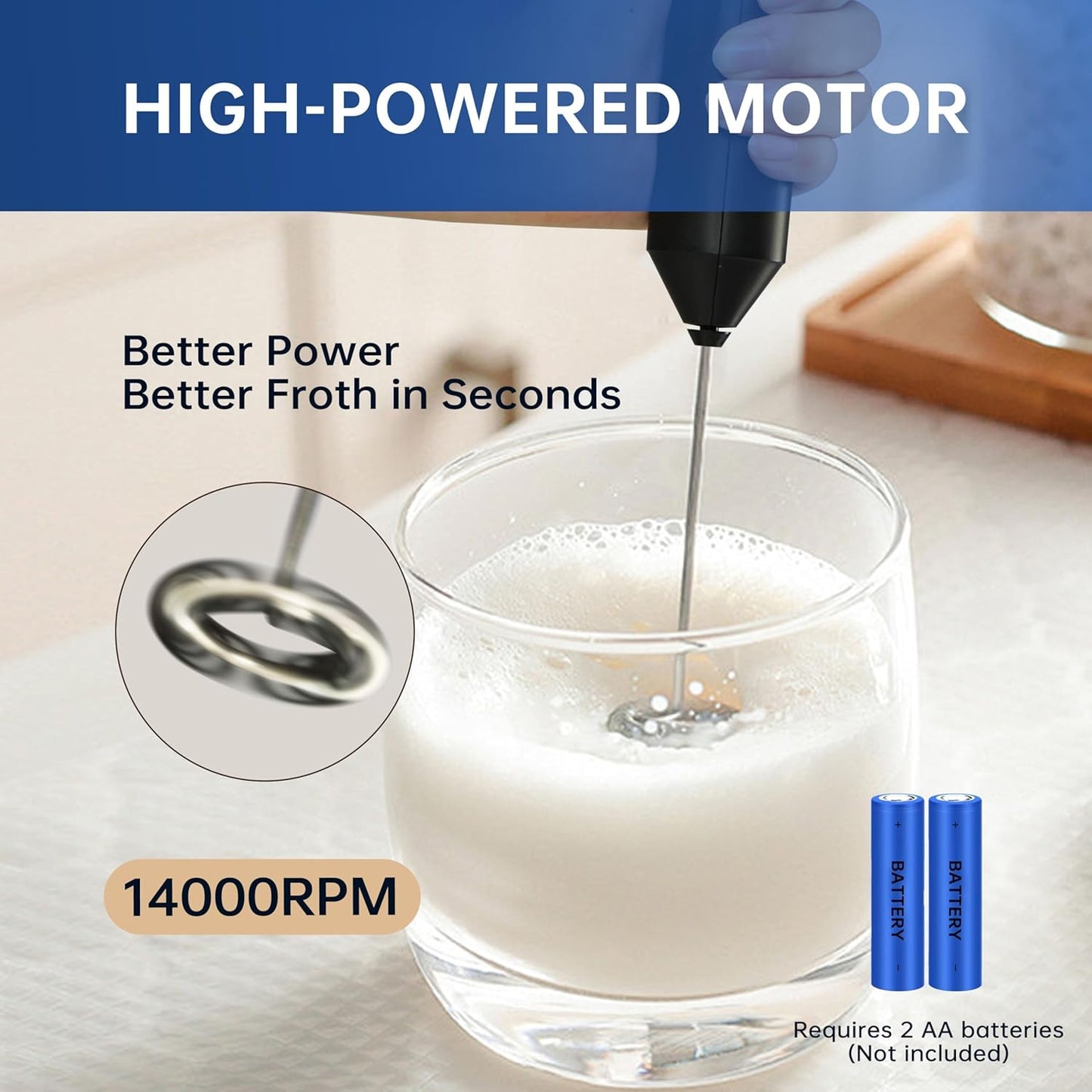 YSSOA Electric Milk Frother Handheld with Stainless Steel Stand Battery Operated Whisk Drink Mixer for Coffee, Frappe, Matcha, Latte, Hot Chocolate, Mini Hand Blender, Black 2 Pack