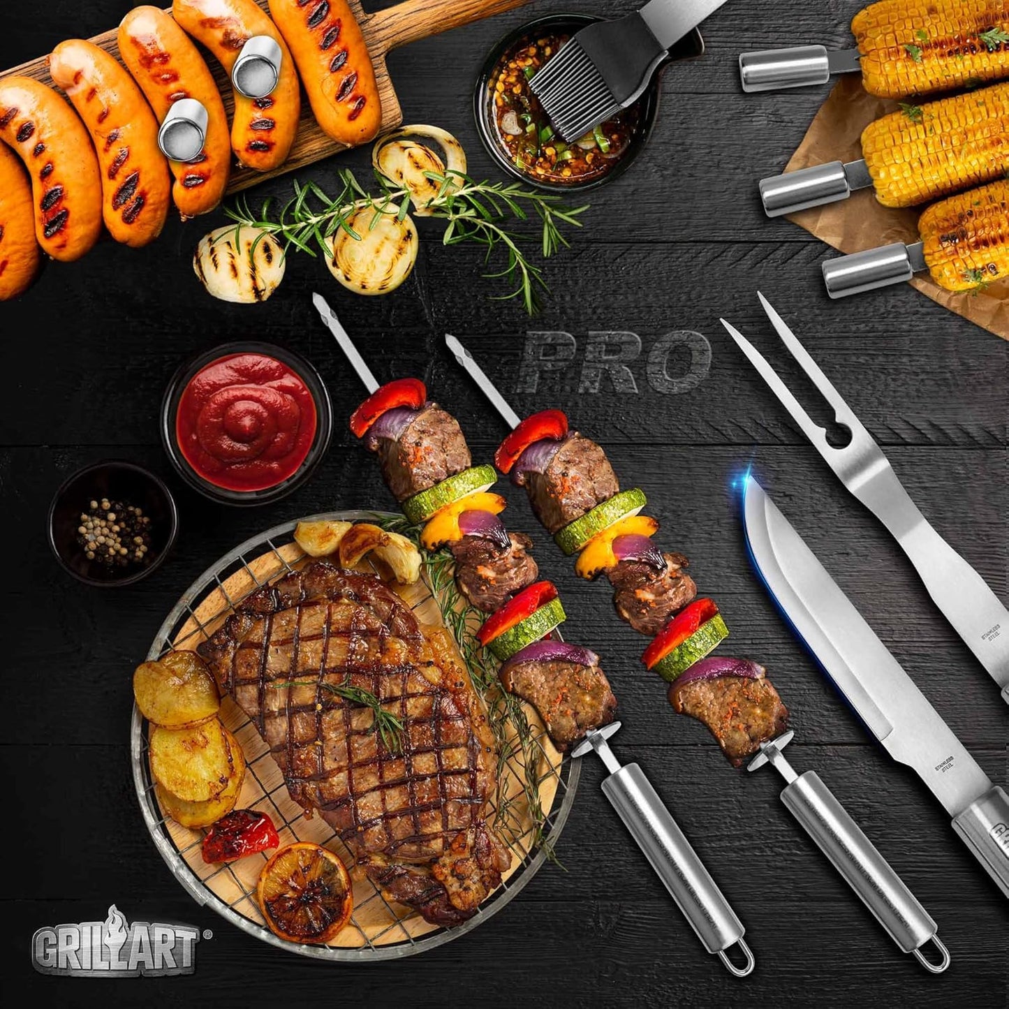 GRILLART BBQ Grill Utensil Tools Set Reinforced BBQ Tongs 19-Piece Stainless-Steel Barbecue Grilling Accessories w/Aluminum Storage Case -Complete Outdoor Grill Kit for Dad, Birthday Gift for Man Dad