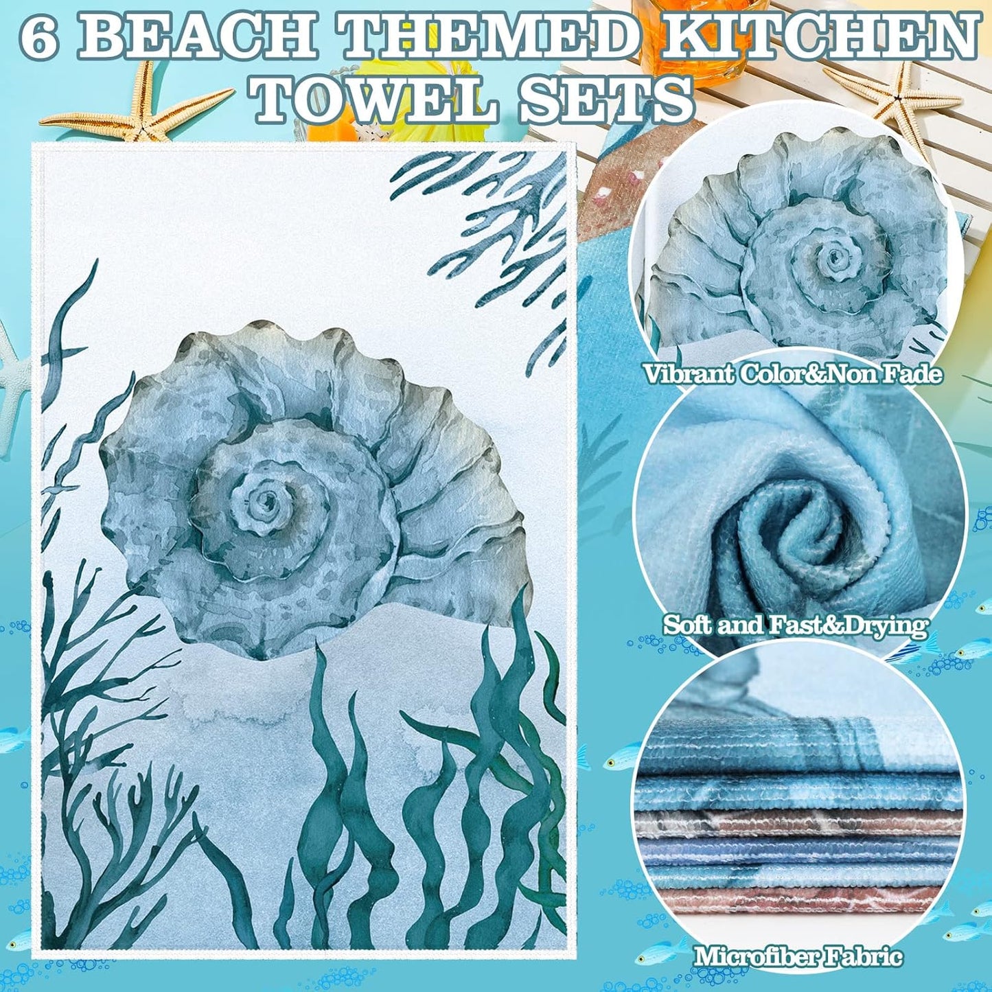 Boyiee Set of 6 Beach Kitchen Towels Sea Ocean Animal Nautical Tea Towels 24 x 16 Inches Kitchen Gifts Turtle Jellyfish Seahorse Hand Dishcloth for Farmhouse Bathroom Decorations