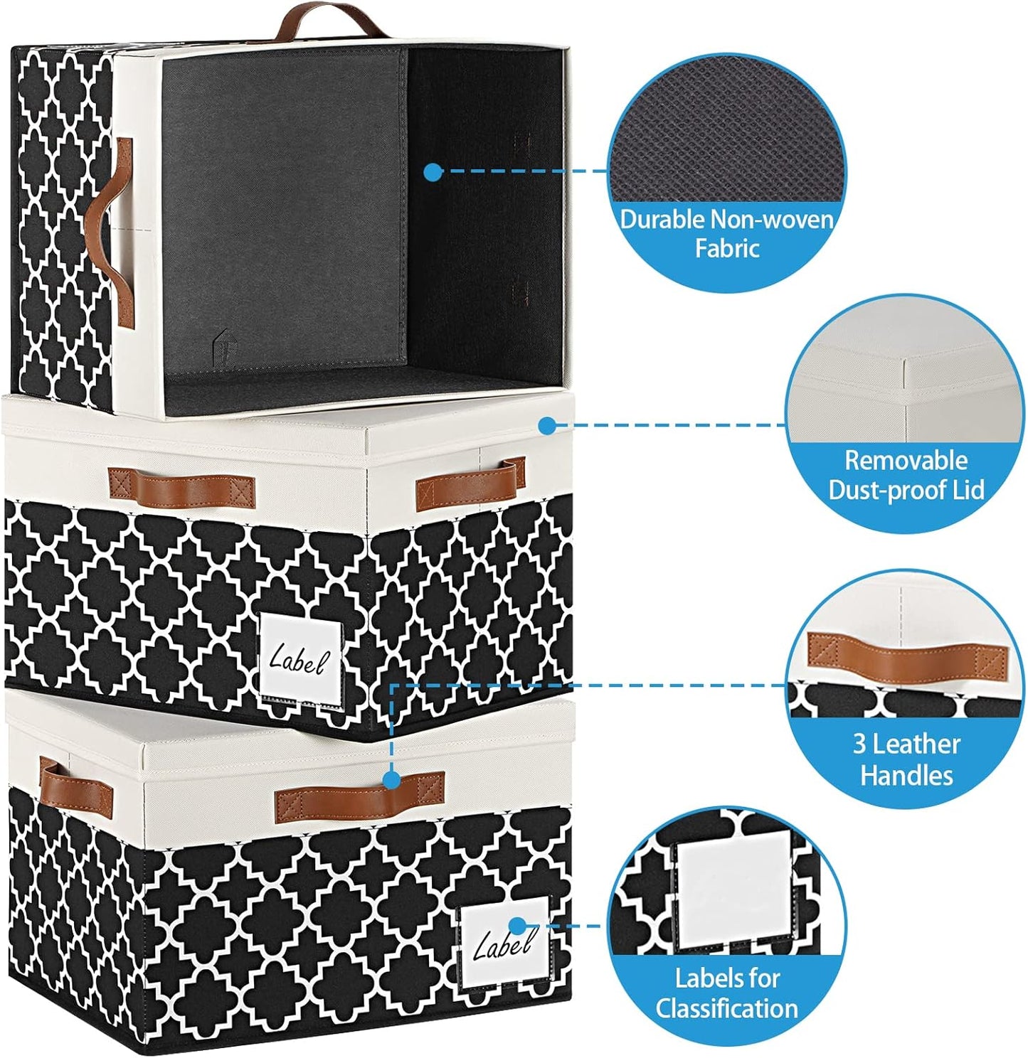 GhvyenntteS 6 Pack Fabric Storage Bins with Lids, Foldable Fabric Storage Boxes with Lids and 3 Handles, Sturdy Closet Organizers and Storage Bins with Label Window for Home (White&Lattice Black)