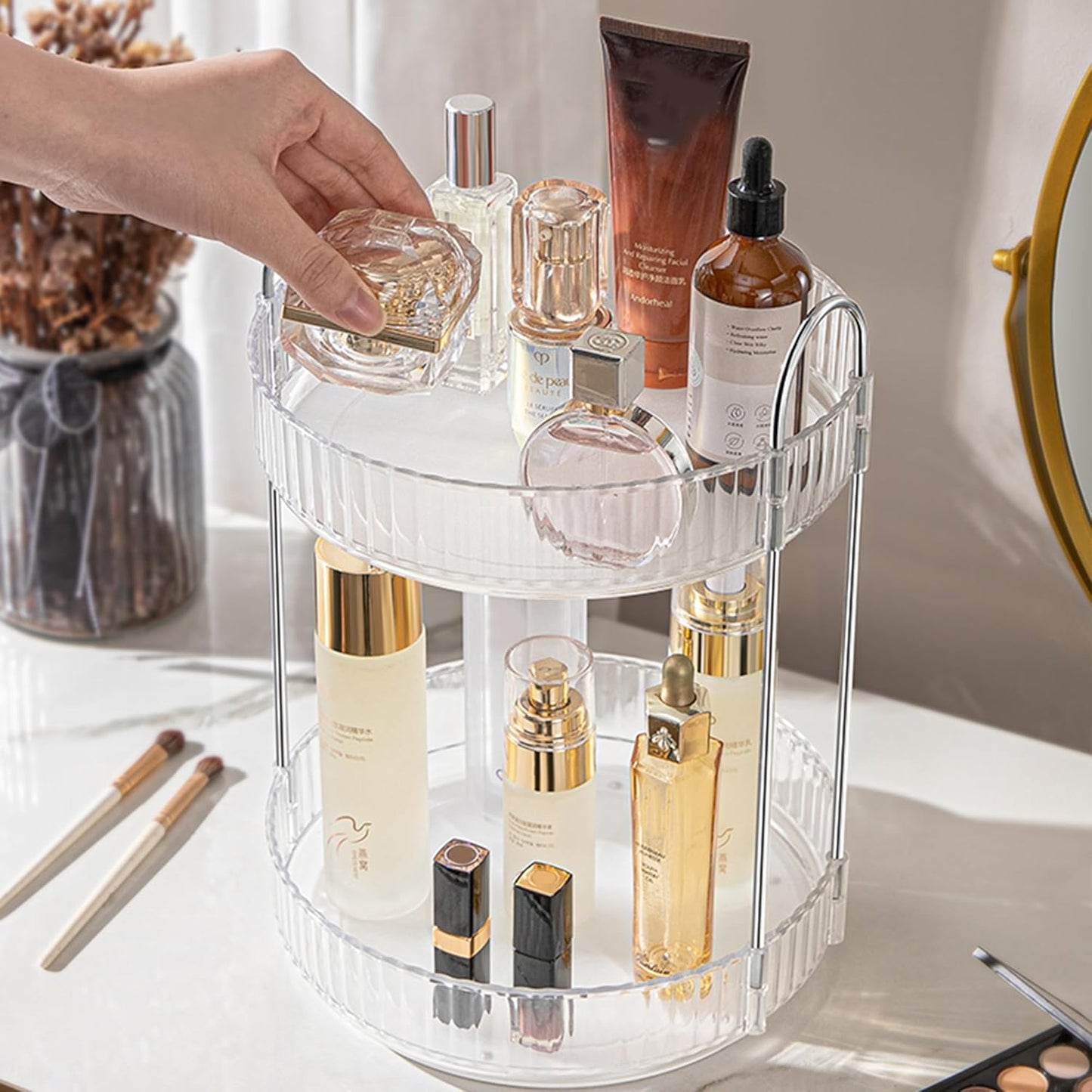 Aveniee 360 Rotating Makeup Organizer for Vanity, Skincare Perfume Organizers Large, Bathroom Countertop Organizer and Storage, Clear Cosmetics Lipstick Holder for Dresser,2 Tiers, Grey