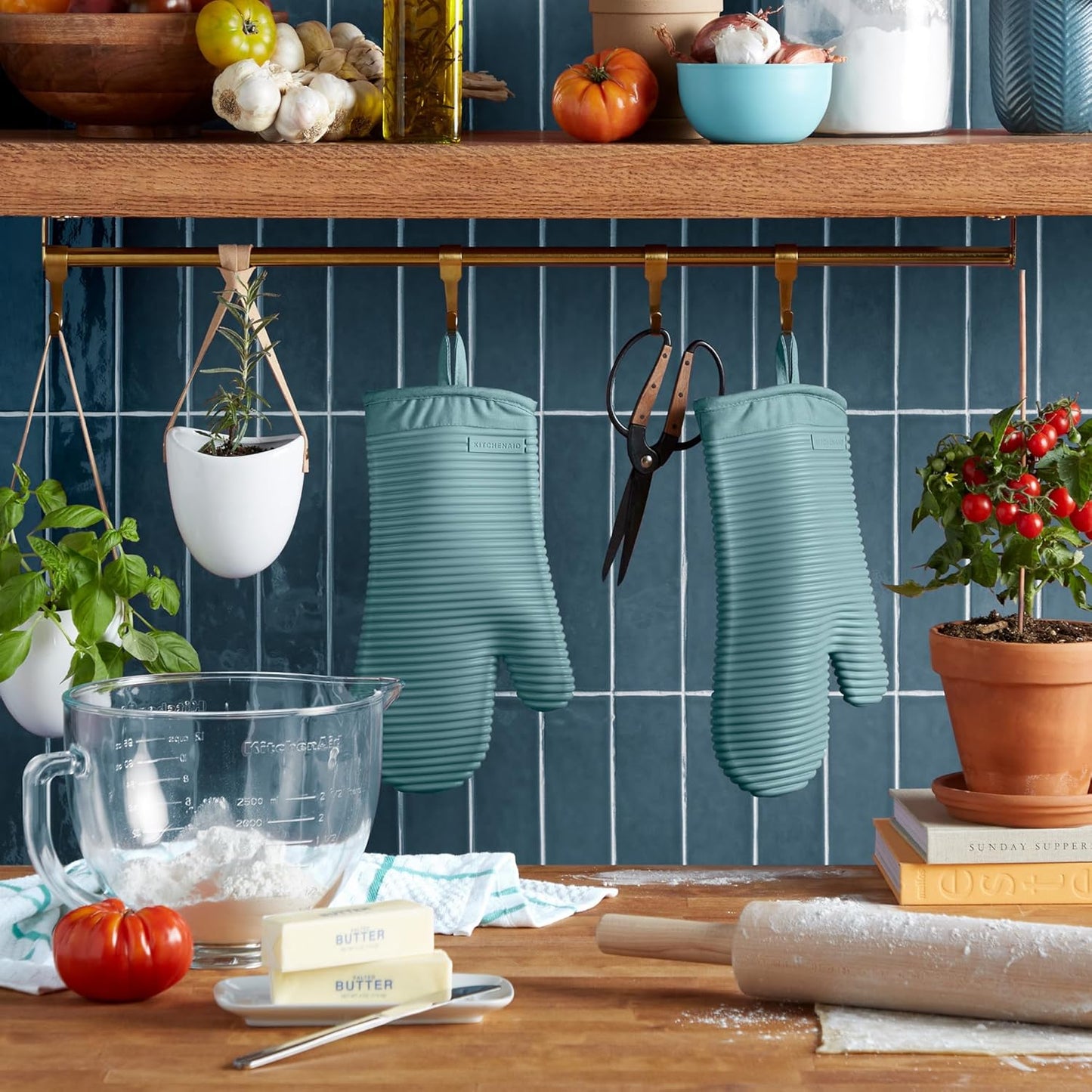 KITCHENAID Ribbed Soft Silicone Oven Mitt 2-Pack Set, 7.5"x13", Mineral Water Aqua