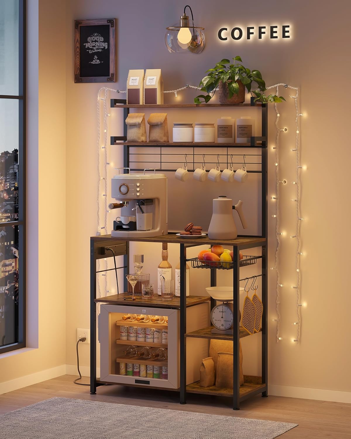 VASAGLE Bakers Rack with Power Outlet, 35.4 Inches Microwave Stand, Coffee Bar, 4 AC Outlets, with Adjustable Shelves, 8 S-Hooks, Basket, Spice Racks, Rustic Brown and Ink Black UKKS031K01