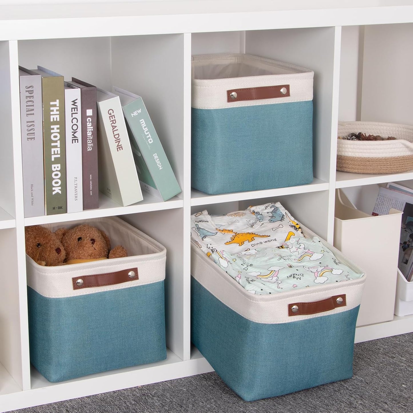 HNZIGE Storage Baskets Bins (3 Pack) Large Shelf Baskets for Clothes, Decorative Storage Bins with Handles, Canvas Collapsible Storage Bins for Organizing Storage (Gray&Teal, 15" X 11" X 9.5")