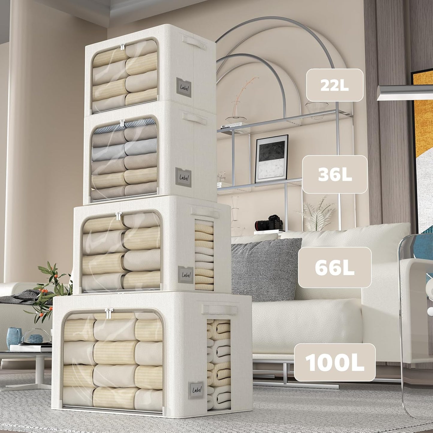 FHSQX 2 Pack Clear Window Storage Bins Large Stackable Linen Fabric Storage for Clothes Foldable Container Organizer Set with Carrying Handles (Lvory White, 19.7x 15.7x 12.6 Inch)