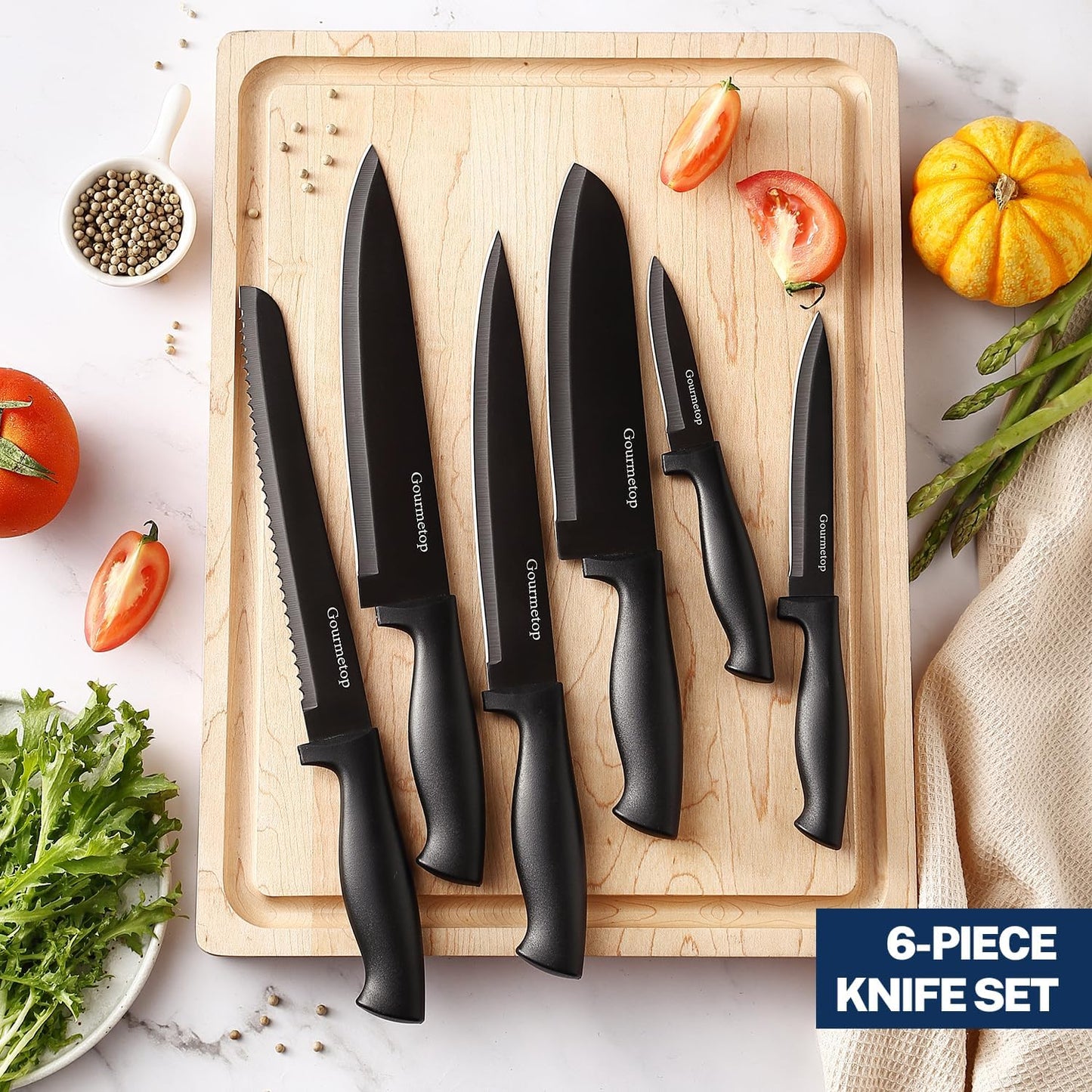 Kitchen Knife Set with No Drilling Magnetic Strip for Kitchen Black Titanium Small Cooking Knives, Sharp Stainless Steel Chef Knife Set for Cutting Meat & Vegetable