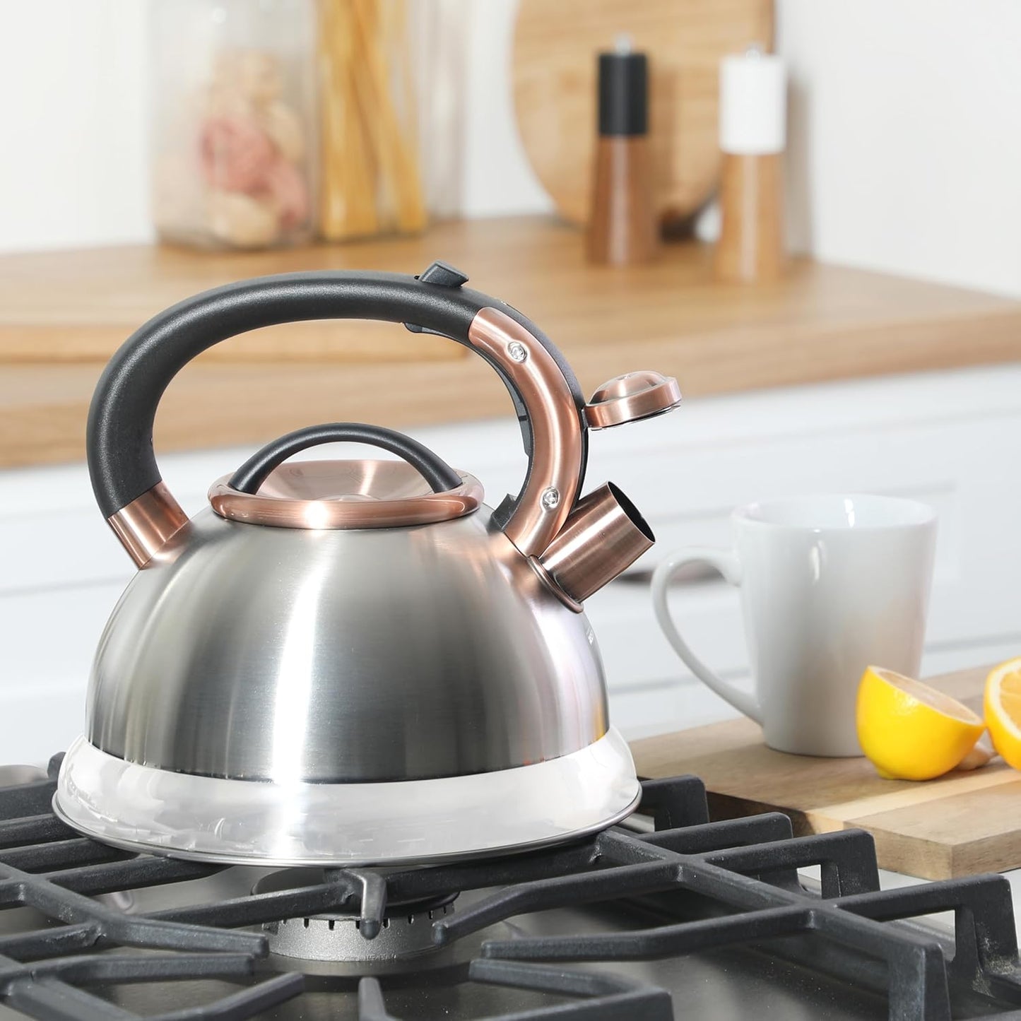 Mr. Coffee Flintshire 2.2 Quart Large Whistling Stainless Steel Tea Kettle - Brush Stainless Steel W/Copper