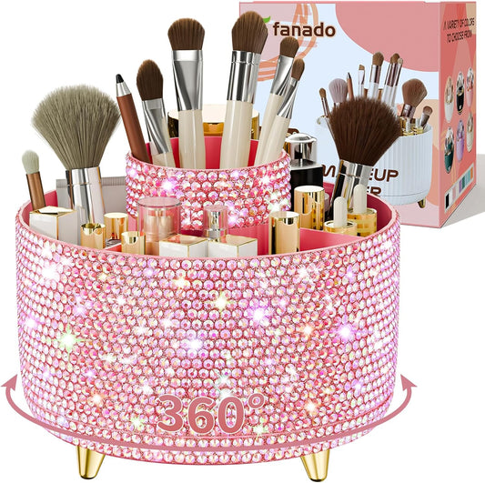 Bling 360° Rotate Makeup Brush Holder Organizer, Makeup Organizers Countertop, Makeup organization and Skincare Storage for Vanity, Gift for Women Girls (Bling dz-Pink)