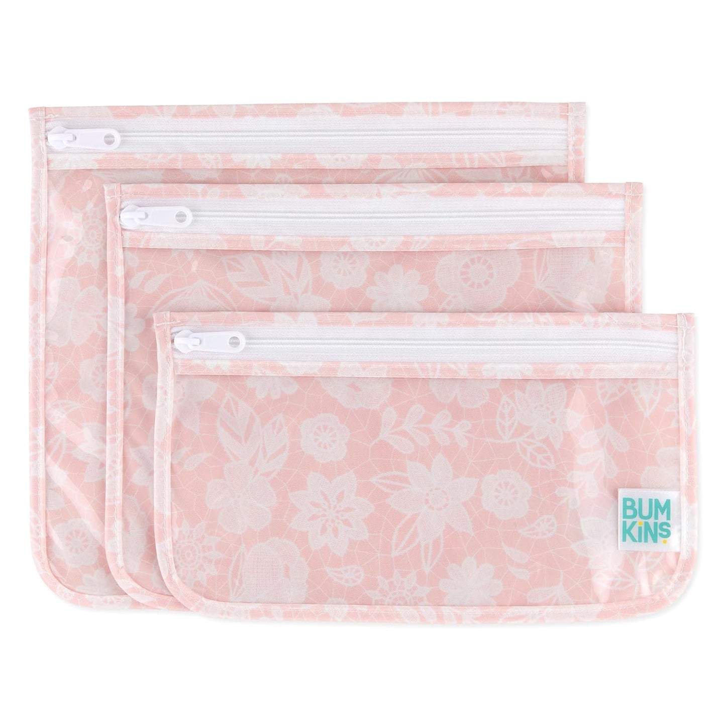 Bumkins Travel Bag, Toiletry, TSA Approved Pouch, Zip Bag, Quart Size Airline Compliant, Clear-Sided, Baby, Diaper Bag Organization, Makeup, Accessories, Packing, Set of 3 Sizes, Floral Gray
