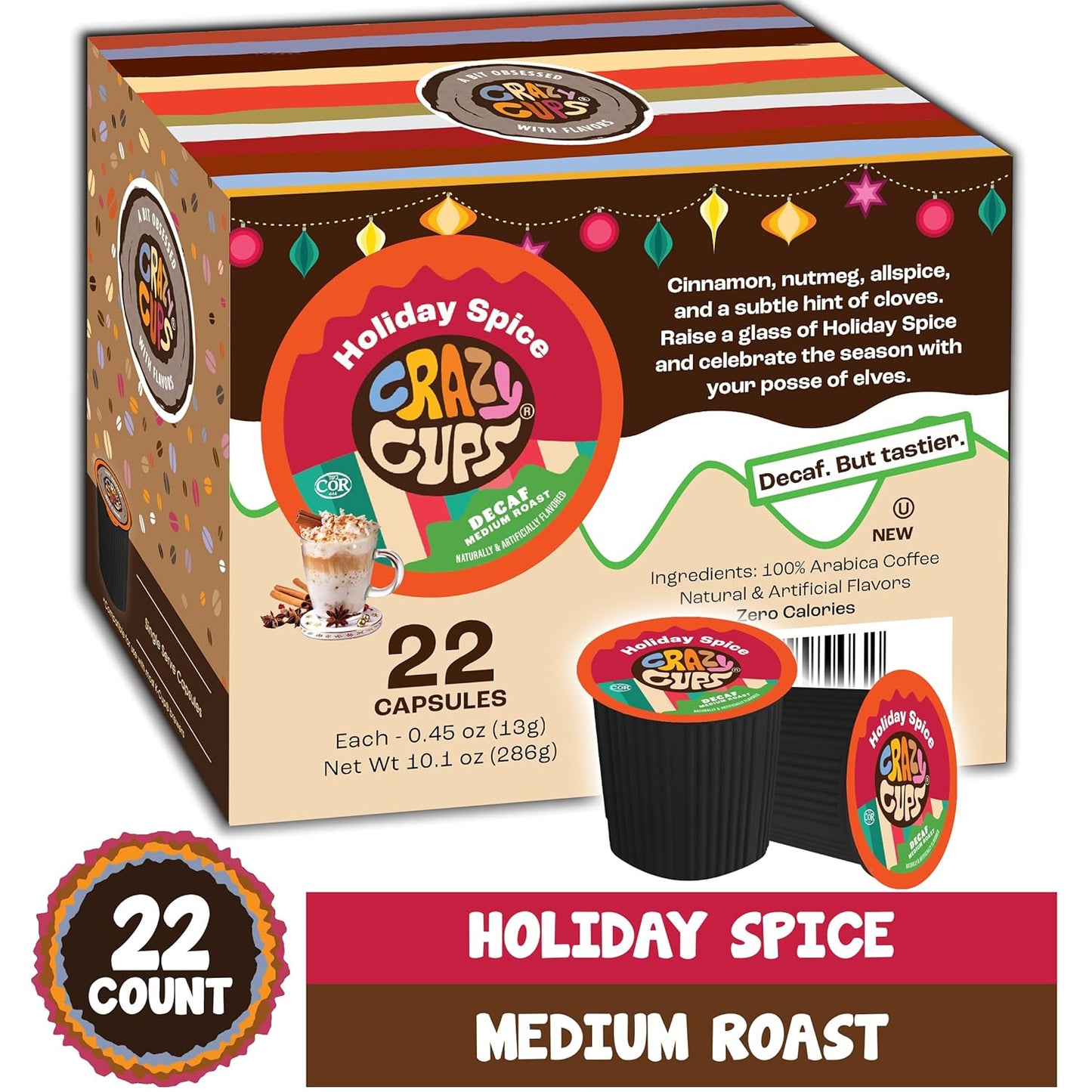 Crazy Cups Decaf Flavored Coffee Pods, Decaf Holiday Spice & Blend, Single Serve Coffee for Keurig K Cups Machines, Hot or Iced, Medium Roast in Recyclable, 22 Count