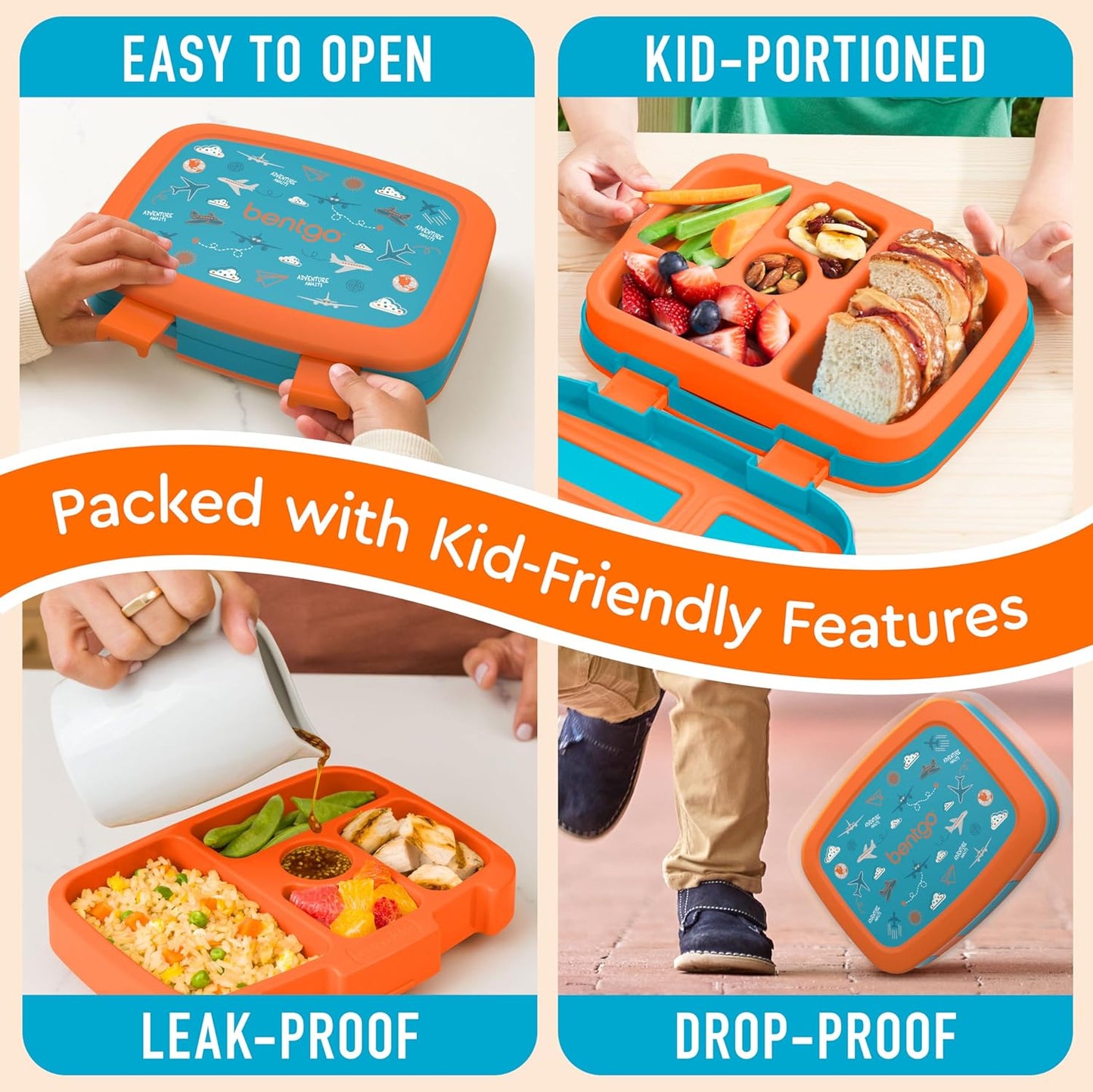 Bentgo Kids Prints Leak-Proof, 5-Compartment Bento-Style Kids Lunch Box - Ideal Portion Sizes for Ages 3-7, Durable, Drop-Proof, Dishwasher Safe, & PFAS & BPA-Free Materials (Planes)