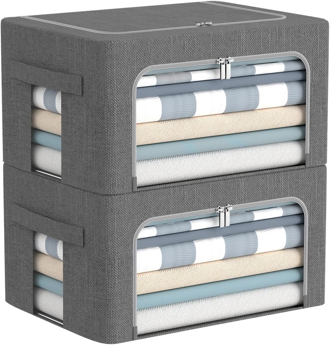 CYhom Clothes Storage Bins Box - Linen Fabric Foldable Stackable Container Organizer Set with Clear Window & Carry Handles & Metal Frame - 2Pack Large Capacity for Bedding, Blankets, Books