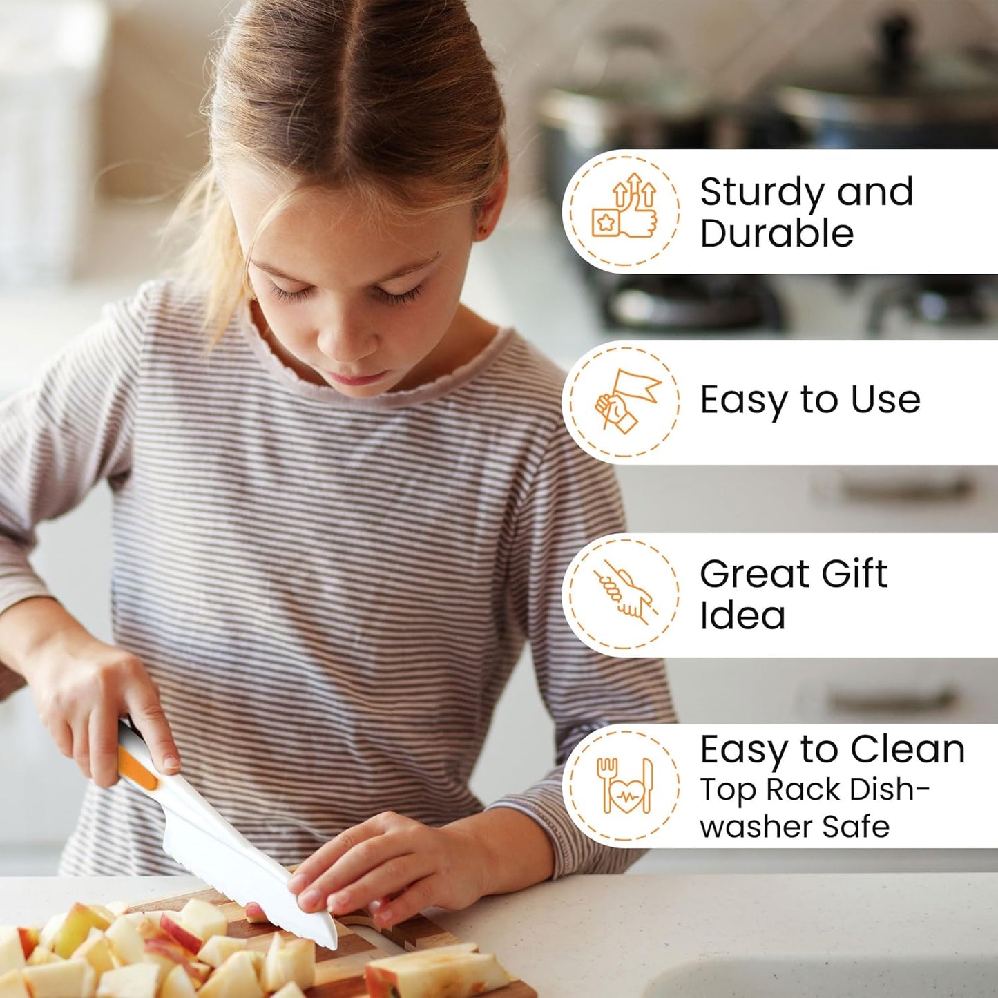 Zulay 3-Piece Kids Knife Set for Real Cooking & Baking - Toddler Knives for Cutting Fruits, Veggies, & Cake - Children’s Montessori Knife with Serrated Edges - Safe & Fun Lettuce Knife (Orange)