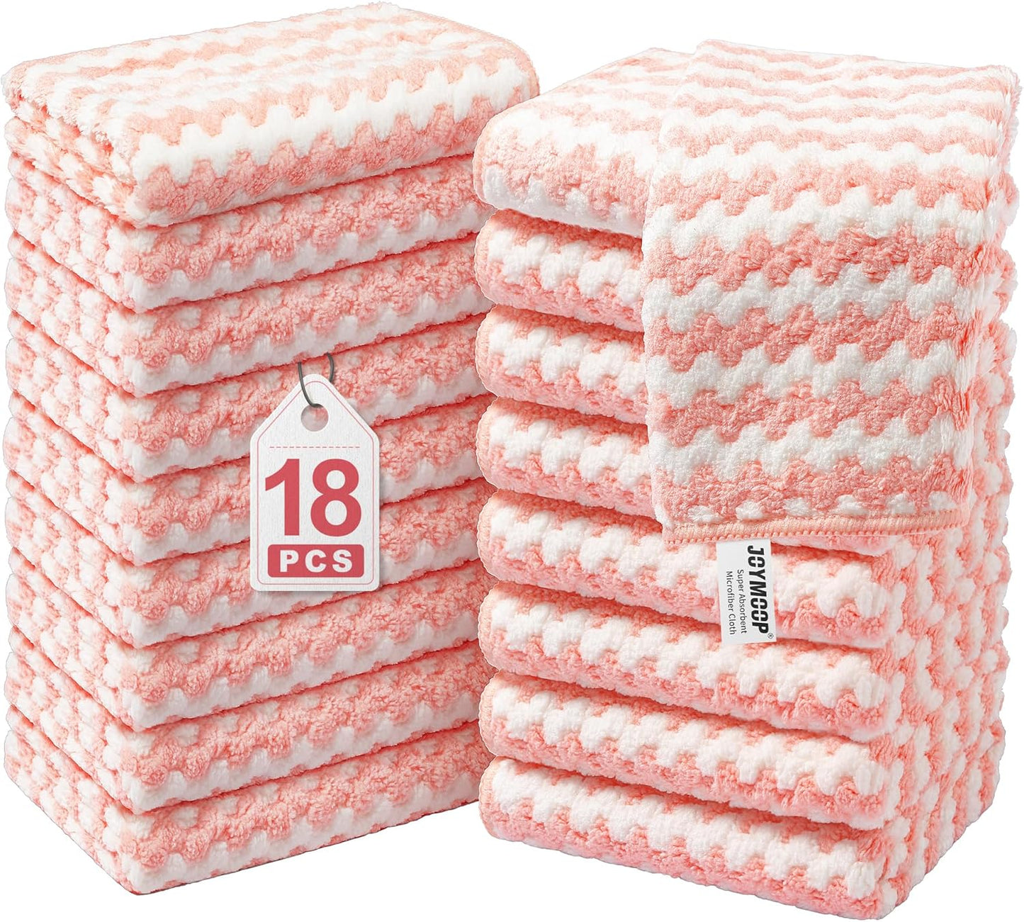 JOYMOOP Microfiber Cleaning Cloths – 18 Pack, 10" x 10", Pink – Reusable, Lint-Free, Super Absorbent Towels for Kitchen, Car, and Household Cleaning