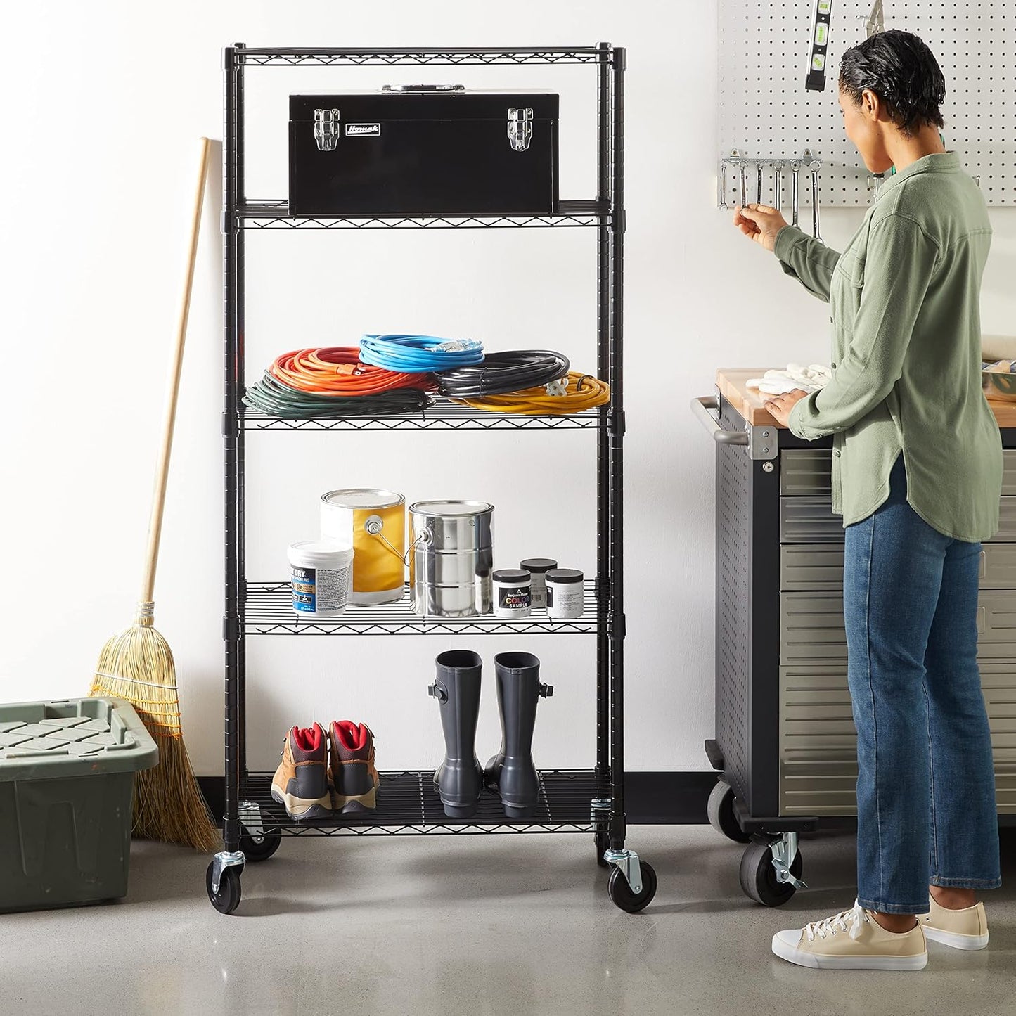 Amazon Basics 5-Shelf Adjustable, Heavy Duty Storage Shelving Unit on 4'' Wheel Casters, Metal Organizer Wire Rack, 30" L x 14" W x 64.75" H, Black