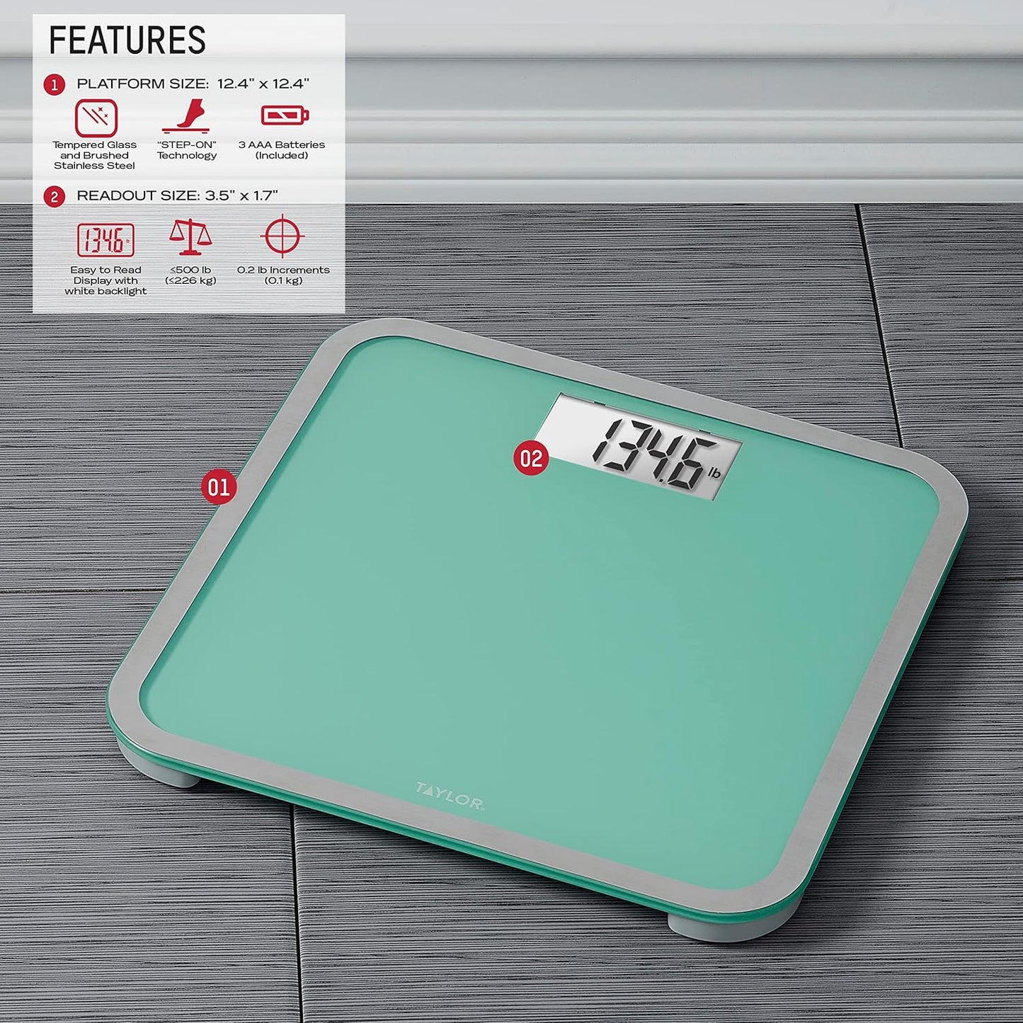 Taylor Digital Glass Bathroom Scale for Body Weight, Large Durable Platform, Extra High 500 lb Capacity, Large 3.5"x1.7" White Backlit Display, Sea Foam Green (Pack of 2)