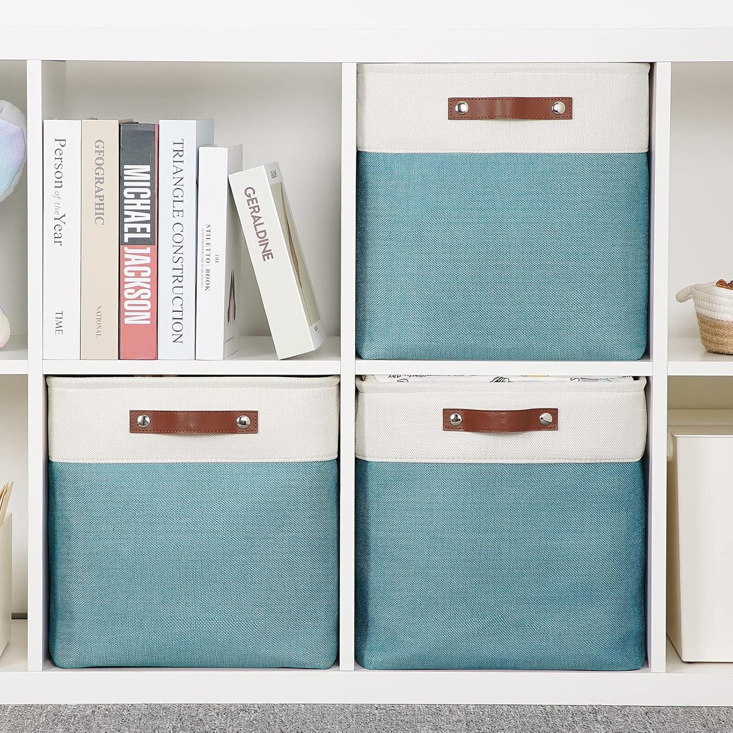 HNZIGE Foldable Storage Cubes & Baskets (3 Pack) - 13 Inch Storage Bin with Leather Handles for Toys, Clothes, Kids, Closet (White & Teal)