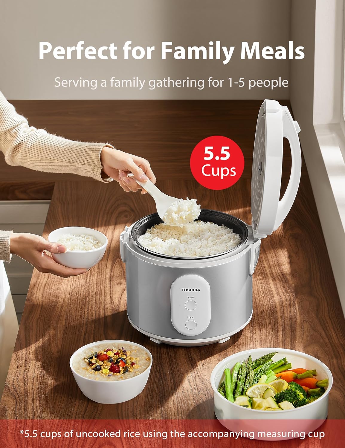 TOSHIBA Rice Cooker & Steamer Simple 5.5 Cup(Uncooked) with Steaming Basket, Removable Non-Stick Inner Pot & Inner Lid, for Soups, Stews, Grains&Oatmeal, One Touch&Keep Warm Function, Silvery White