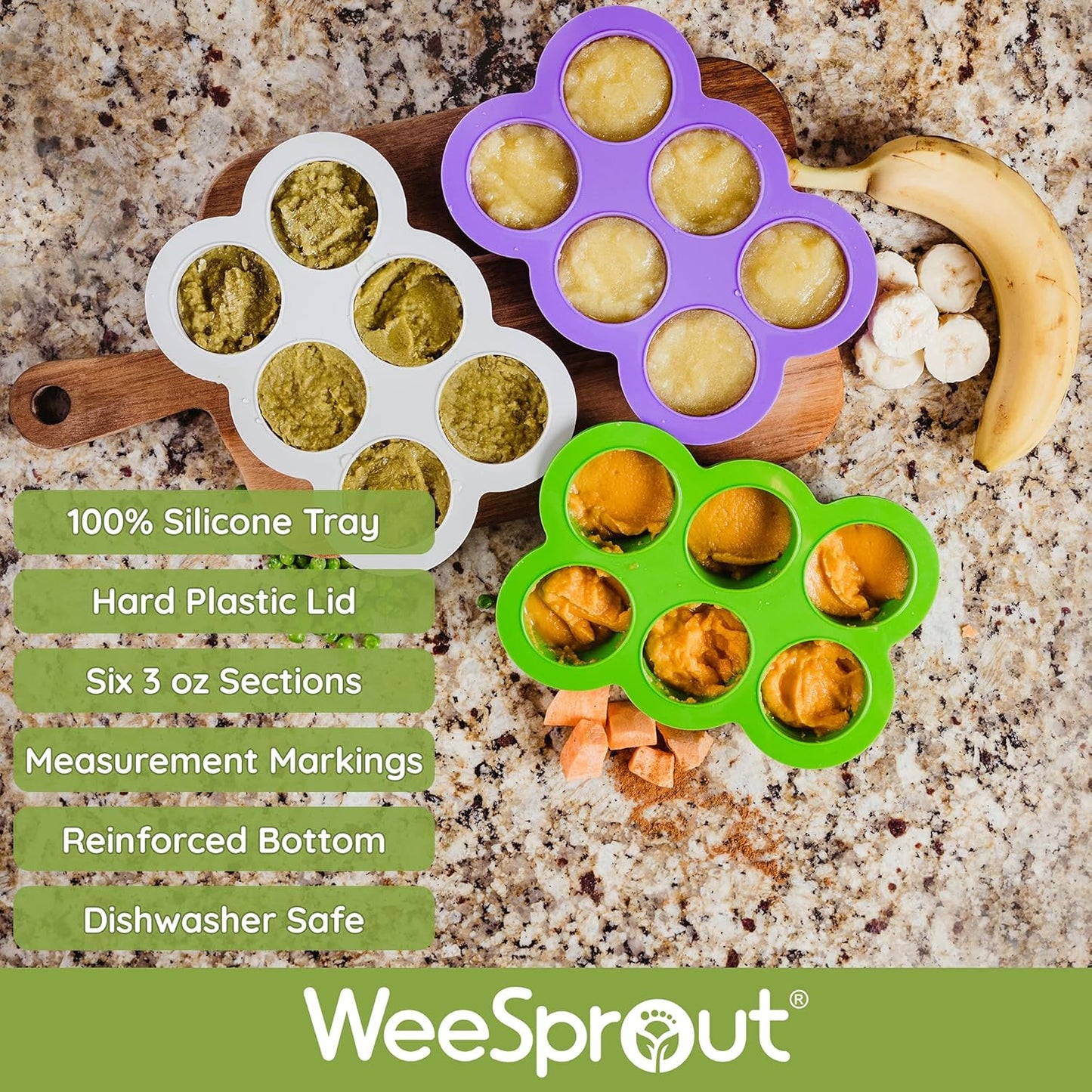 WeeSprout Silicone Baby Food Freezer Tray with Clip-on Lid - Perfect Storage Container for Homemade Baby Food, Vegetable & Fruit Purees, and Breast Milk (Matte Green, Six 3 Ounce Sections)