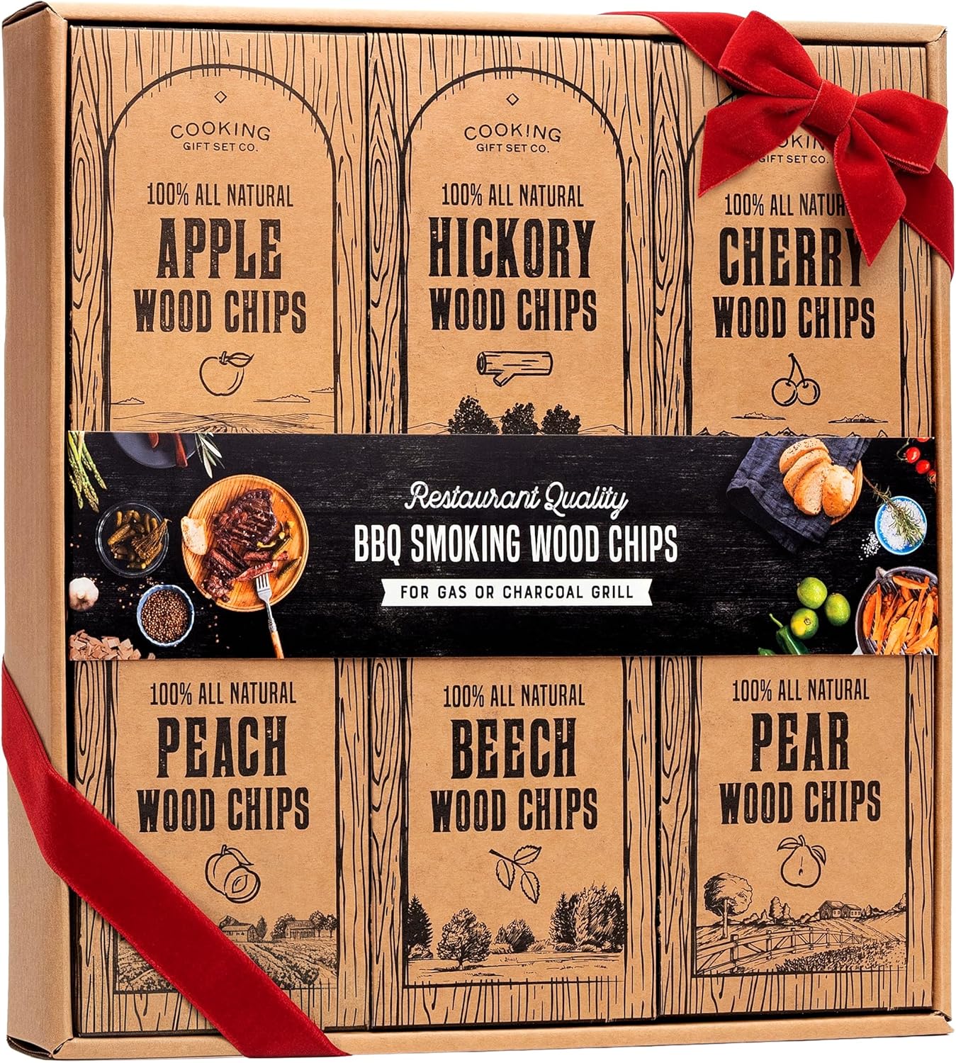 Large Wood Smoking Chips for Smoker - 6 Flavor Variety Pack of Natural Wood Chips - Apple, Hickory, Cherry, Peach, Beech, and Pear - Grilling Accessories for Smoker Grill, Charcoal and Gas Grill