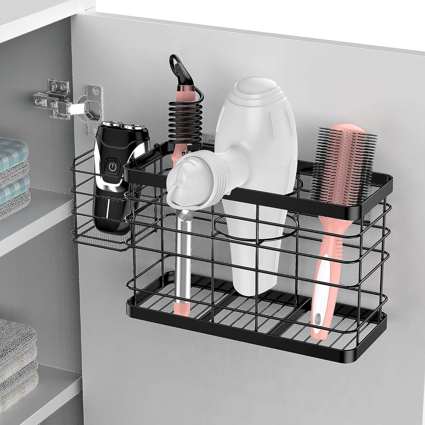 Hair Tool Organizer - Black Steel Wall Mounted Hair Dryer Holder with Removable Basket, 10.62"L x 4.33"W x 6.69"H, Ideal for Small Bathrooms