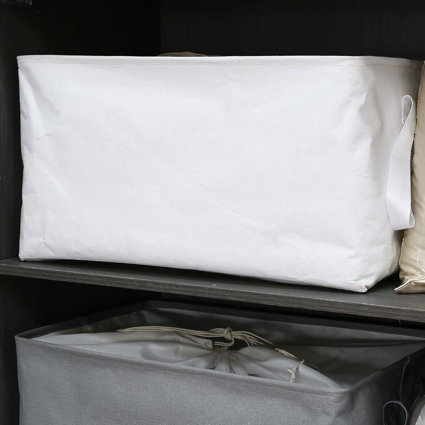 Hinwo 102L XXL Storage Bins, 2-Pack Closet Organizers and Storage, Foldable Clothes Storage Baskets with Handles, Containers for Clothing, Blanket, Comforters, Toys, Bedding (White)