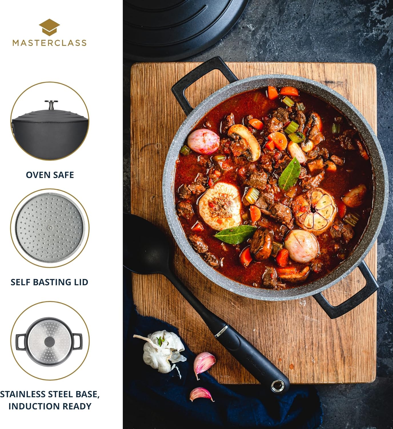 MasterClass Cast Aluminium Induction-Safe Non-Stick Casserole Dish with Lid, Black, 5 Litre