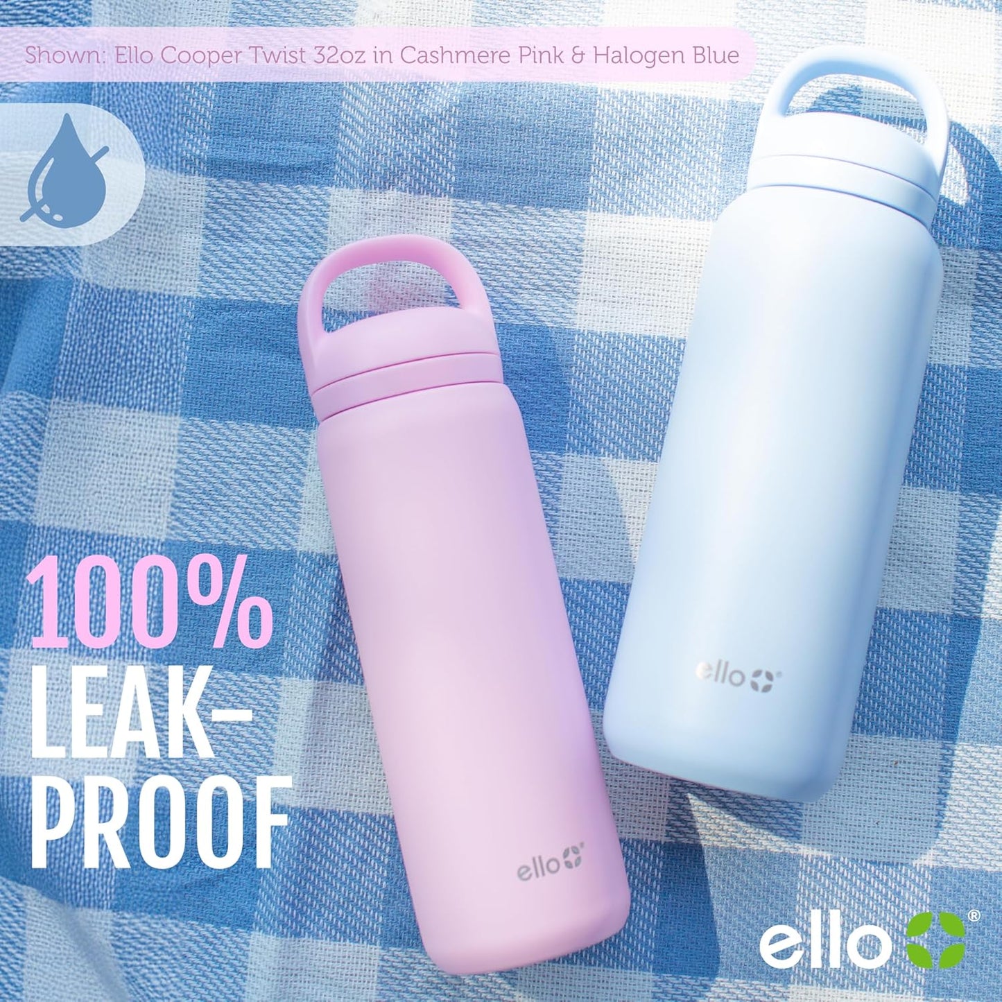 Ello Cooper Twist 32oz Stainless Steel Water Bottle with Chug Lid | Leak Proof | Double Walled and Vacuum Insulated | Built in Carry Loop | Dishwasher Safe | Gray