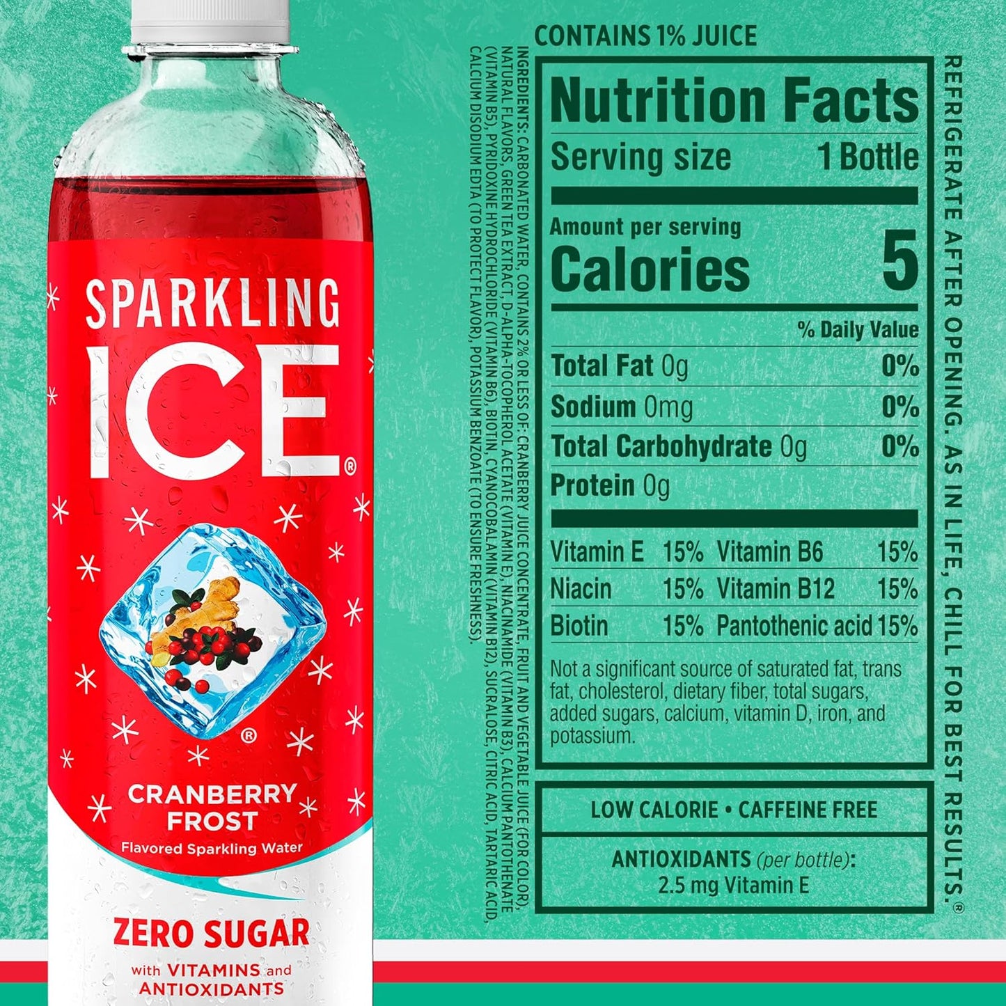 Sparkling Ice, Cranberry Frost Sparkling Water, Zero Sugar Flavored Water, with Vitamins and Antioxidants, Low Calorie Beverage, 17 Fl Oz (Pack of 12)
