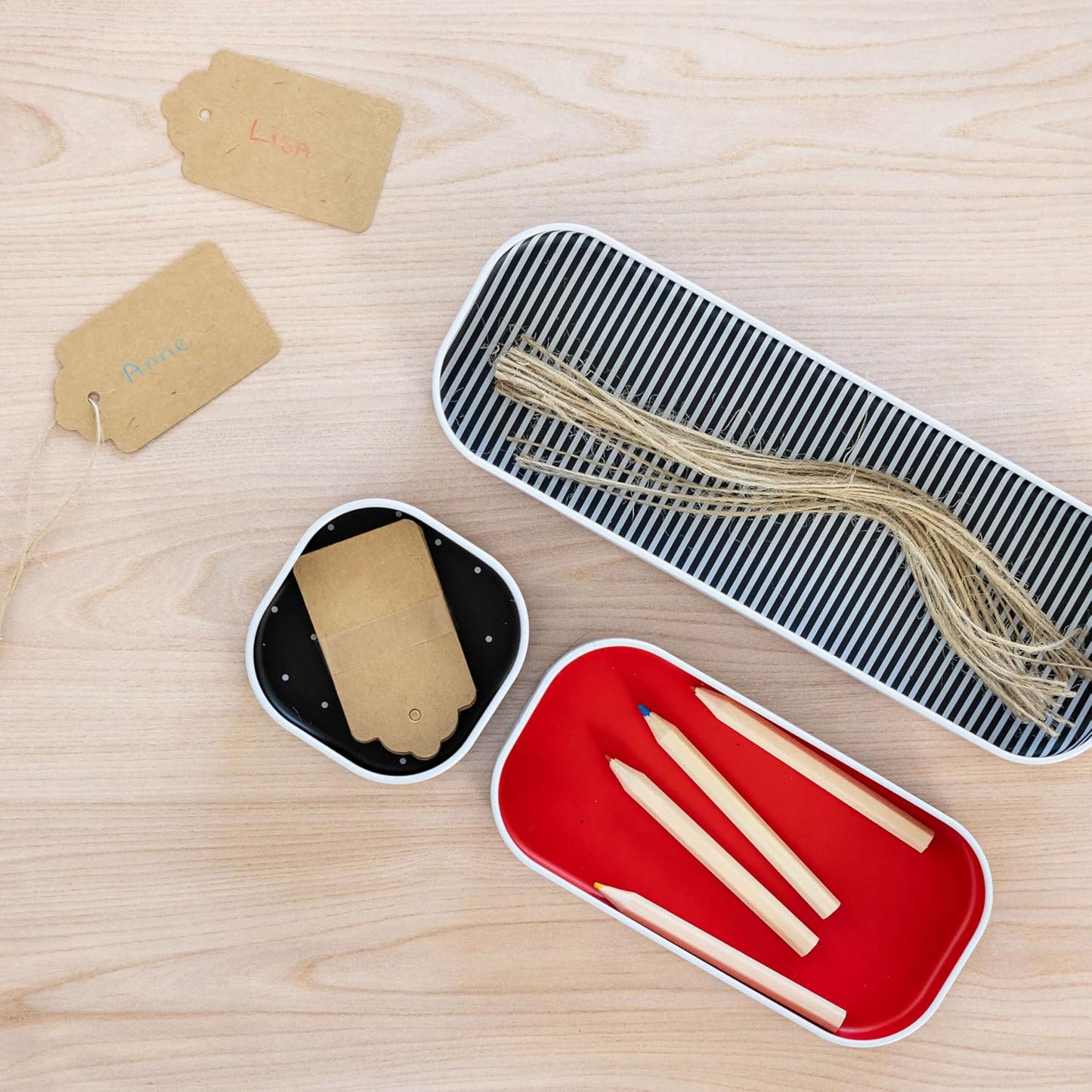 Three by Three Seattle 3 Piece Shallow Metal Organizer Tray Set for Storing Makeup, Stationery, Utensils, and More in Office Desk, Kitchen and Bathroom Drawers (1 Inch, Red Dots and Stripes)