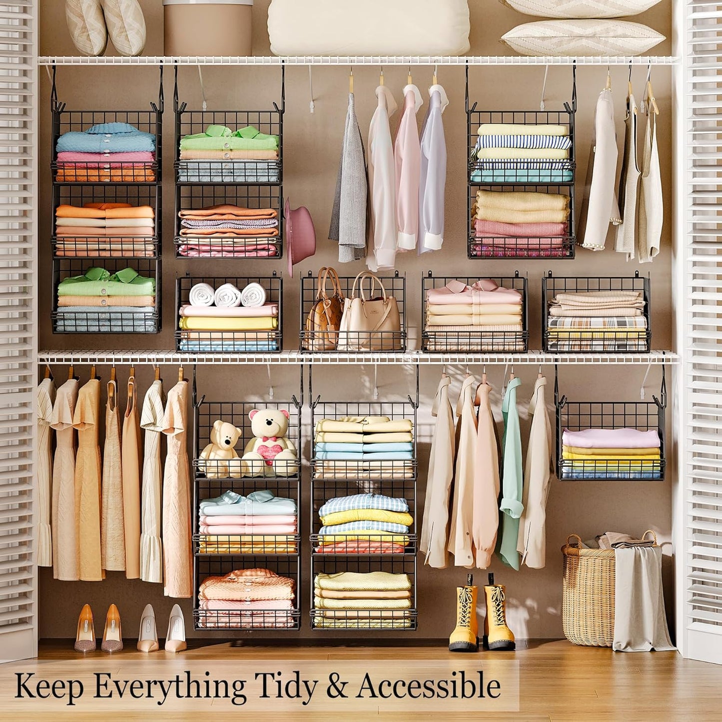 X-cosrack 3-Tier Hanging Storage Organizer for Closet, Laundry & Utility Room | Space Saving Shelves with 1.65" Hook & 5 S-Hooks | Hanging Wire Baskets (12.4" W x 8.8" H x 10.24-11.8" D)