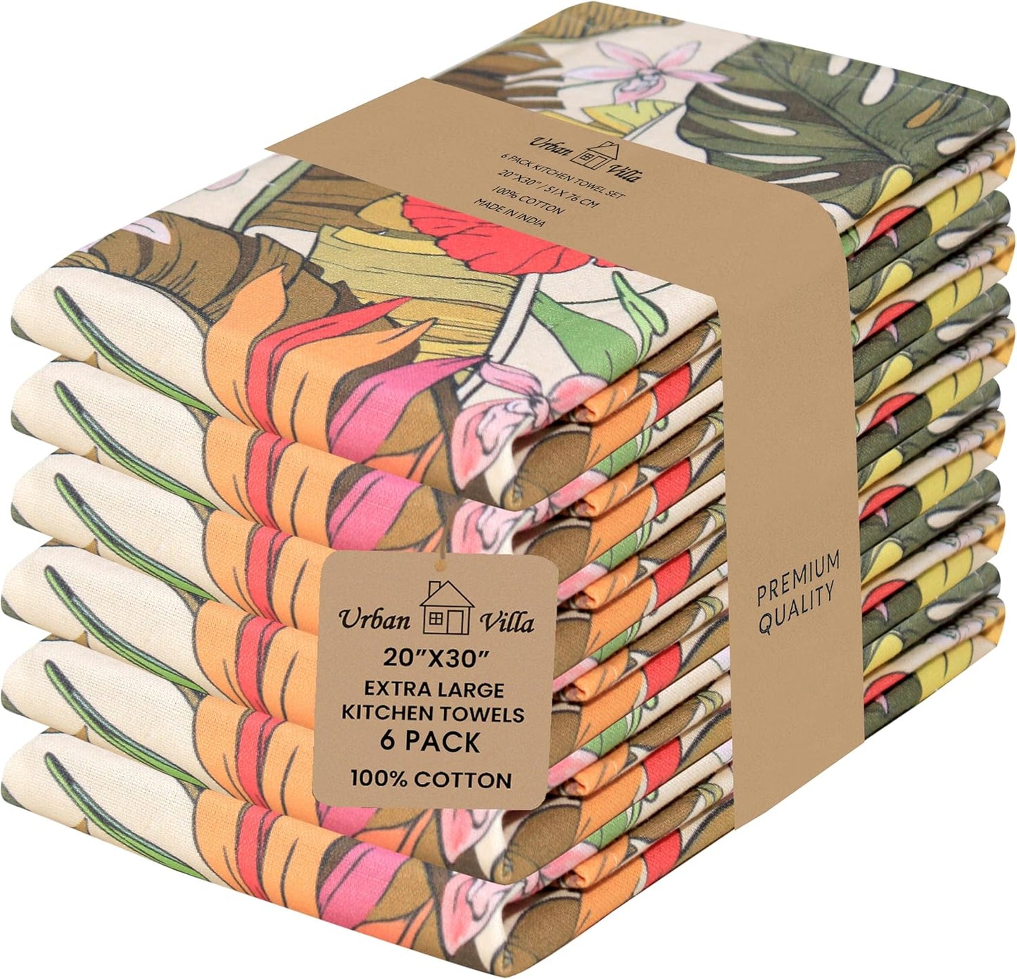 Urban Villa Kitchen Towels Set of 6 Hibiscus Print Kitchen Towels 20X30 Inches 100% Cotton Highly Absorbent Kitchen Towels Premium Quality Ultra Soft Mitered Corners KitchenTowels