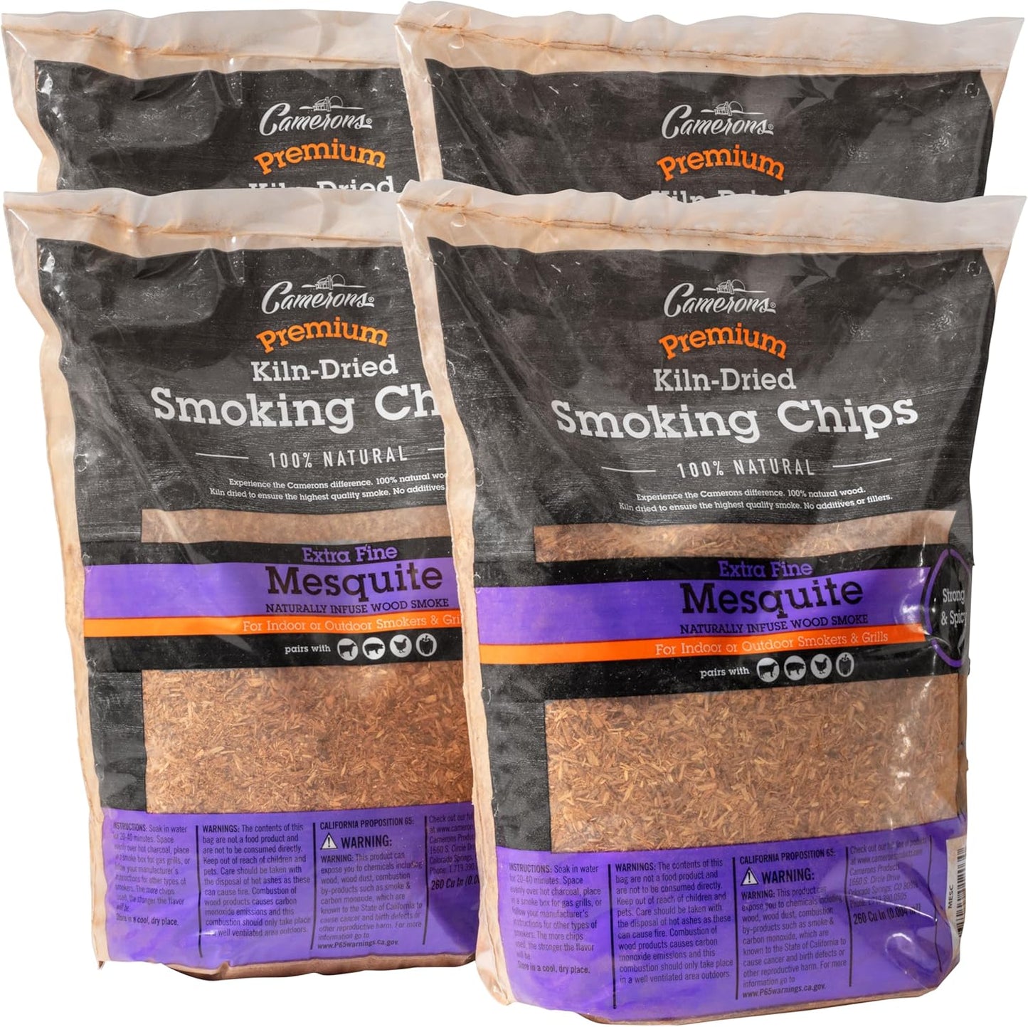 Camerons All Natural Extra Fine Mesquite BBQ Wood Chips, 4 Pack -260 Cu. In. Bag, Approx 2 lbs ea- Kiln Dried Sawdust Shavings for Cocktail Smoking Guns, Smokers, Smoke Boxes - Barbecue Grilling Gifts