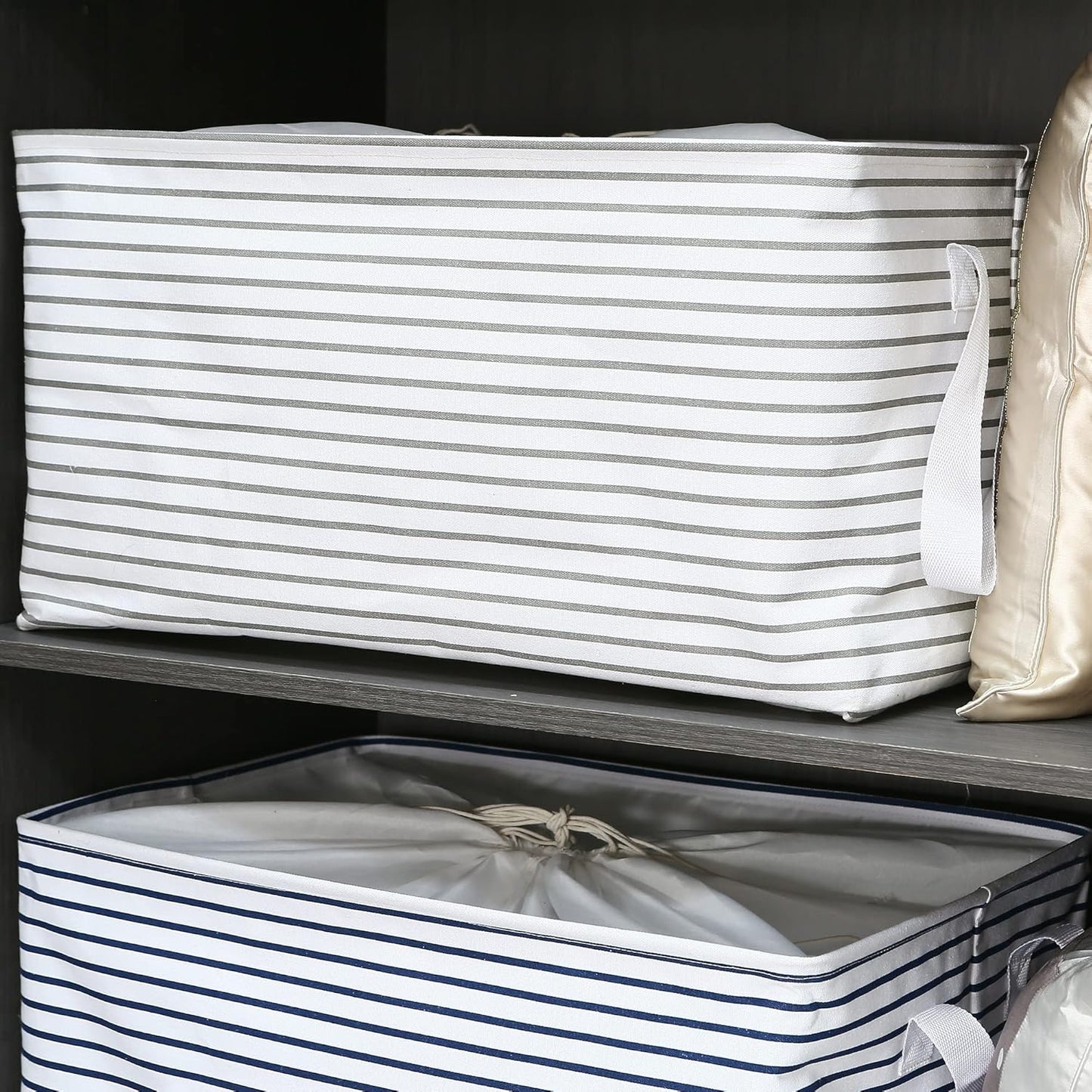 Hinwo 102L XXL Storage Bins, 2-Pack Closet Organizers and Storage, Foldable Clothes Storage Baskets with Handles, Containers for Clothing, Blanket, Comforters, Toys, Bedding (Gray Stripe)