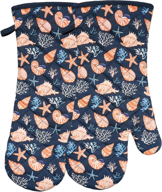 Oven Mitts Cotton Fashion Cute Cowry Design 1pair Heat Resistant Oven Gloves Safe Cooking Baking Grilling Barbecue Machine Washable Pot Holders (Cowry)